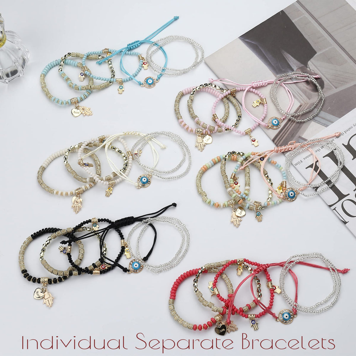 MILACOLATO Bohemian Bead Bracelets Set, Multilayer Evil Eye Stackable Bracelets, Comfort-Fit Stretch Bracelets for Women 6 Sets