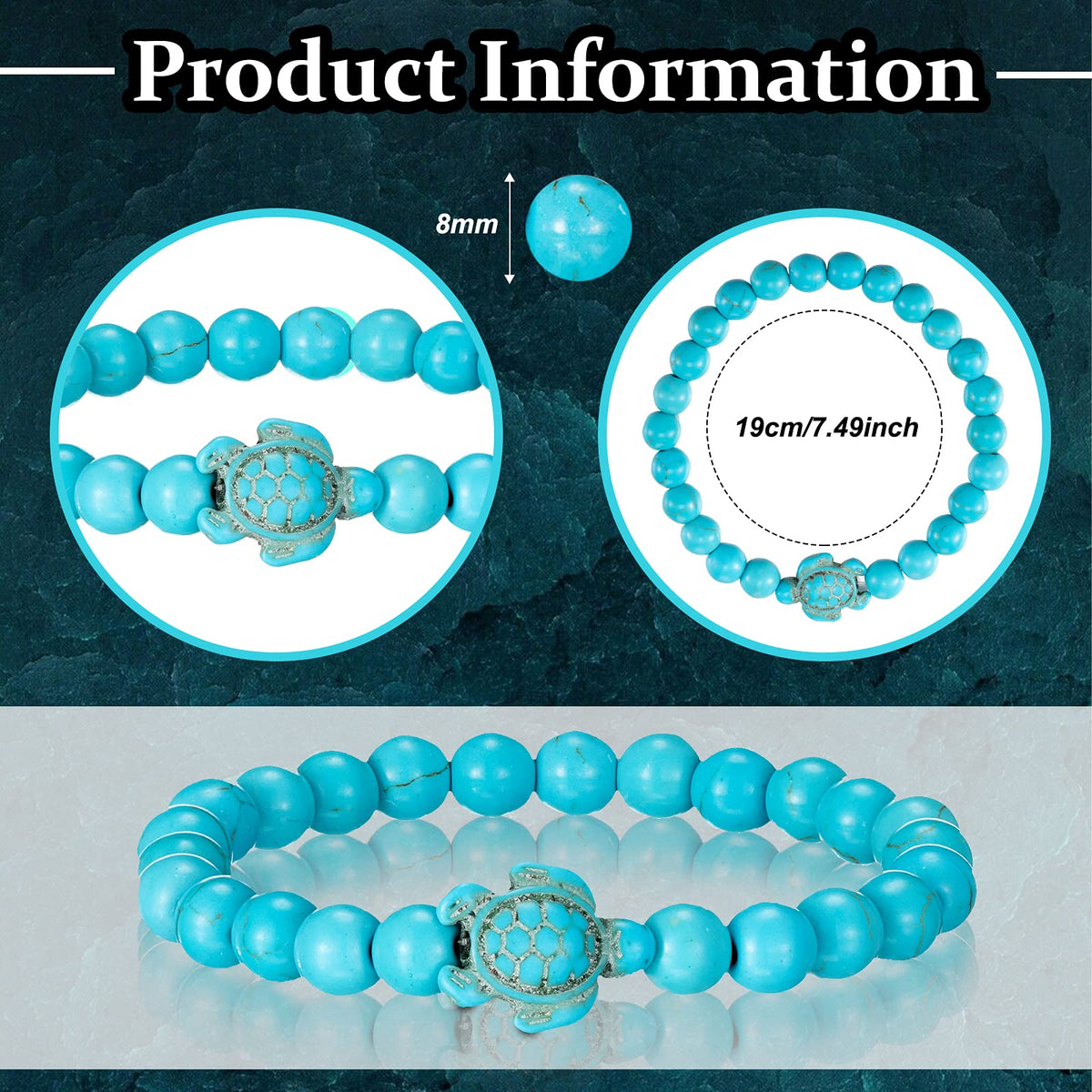 Bonuci Turtle Bracelet 4 Pieces Sea Turtle Beads Ocean Bracelets Natural Stone Turquoise Stretch Bracelet Gifts for Women Men