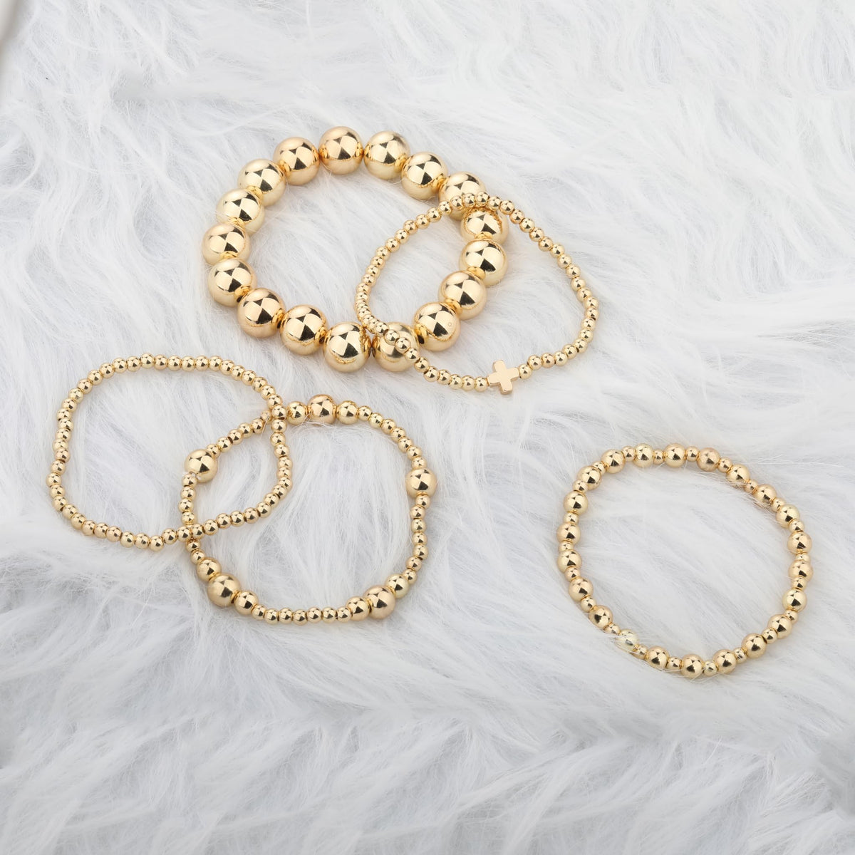 Qiuseadu Chunky Gold Beaded Stack Bracelets Beads Ball Cross Colorful Statement Bracelets Set for Women (Full Gold Statement)