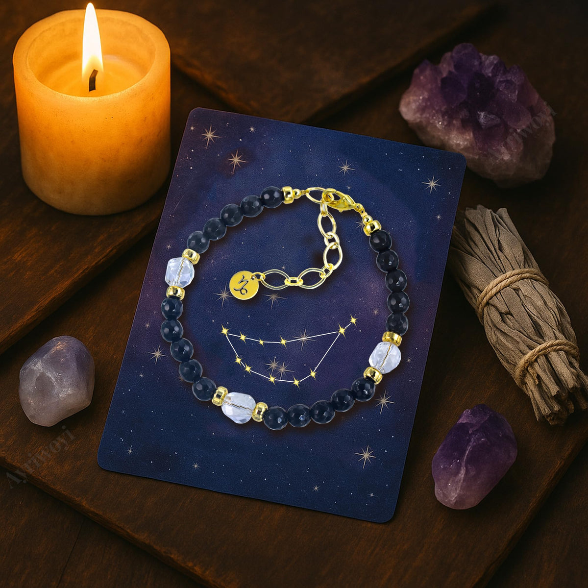 Ayriwoyi Capricorn Zodiac Bracelet Black Obsidian Clear Quartz Crystal Healing Bracelet Birthstone Beaded Bracelet Horoscope Spiritual Jewelry Gift for Men Women