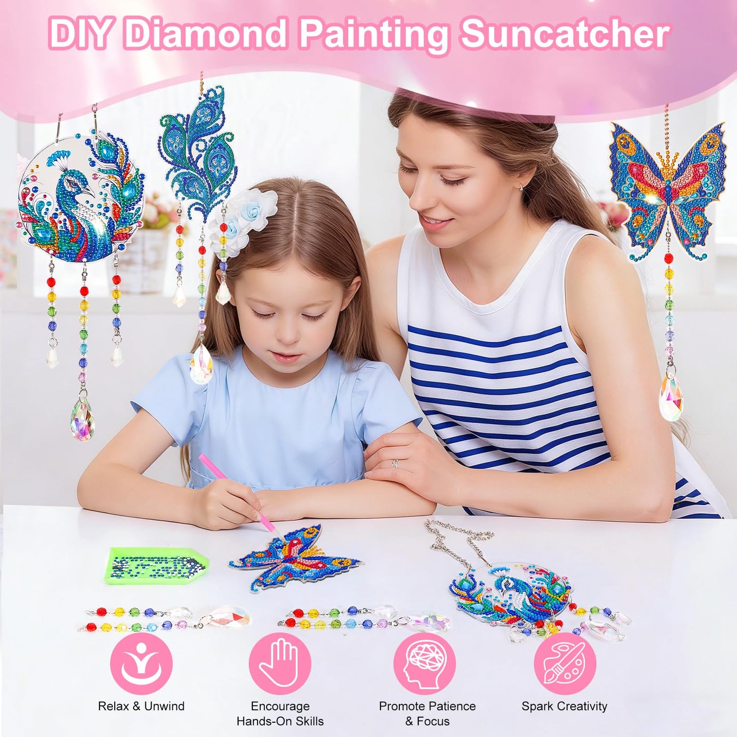 VibyTiby 3 pcs Diamond Art Kit, DIY Suncatcher Craft with Crystal Pendants for Home Garden Window Decor, Creative Gift for Craft Lovers