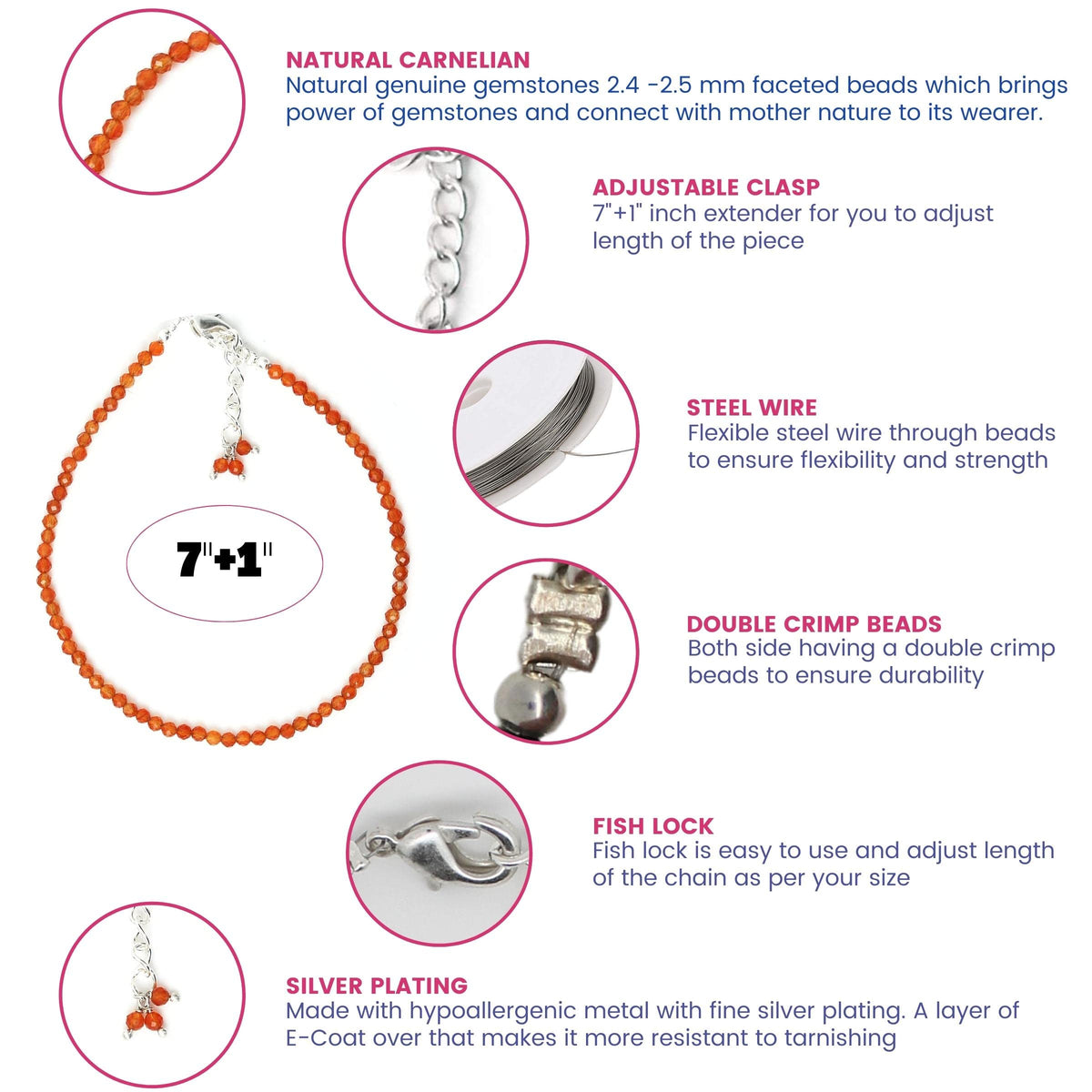 Gempires Handmade Carnelian Gemstone Beaded Bracelet for Women | 2.4–2.5 mm Faceted Natural Stone | Adjustable 7+1 Inch Silver Plated Chain | Dainty Minimalist Stacking Jewelry | Orange Stone Gift