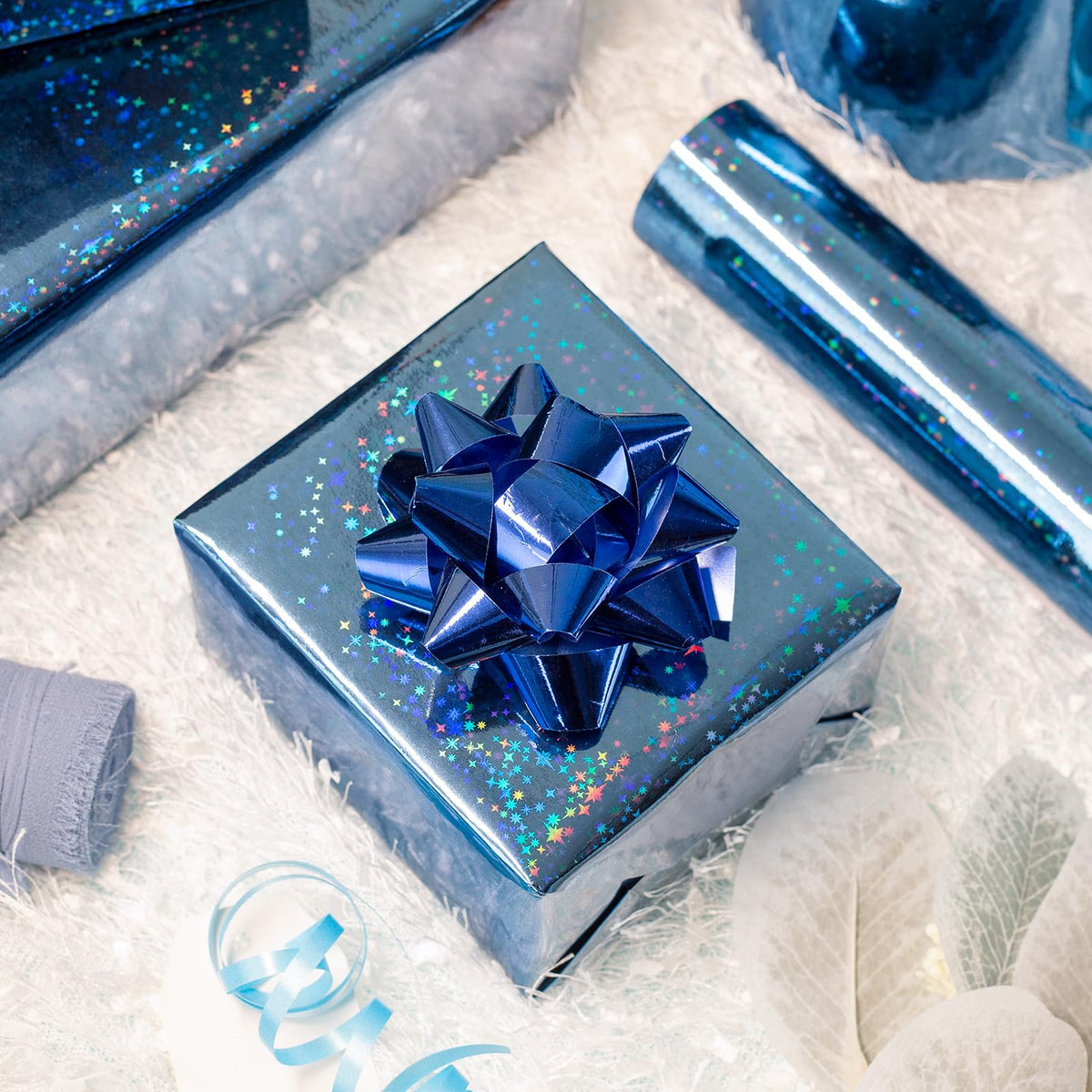 Flyhill Blue Holographic Wrapping Paper Roll, Metallic Holographic Shinning Galaxy Star Gift Wrap for Father‘s Day,Wedding,Birthday - Mini Roll 17inch*32.8ft