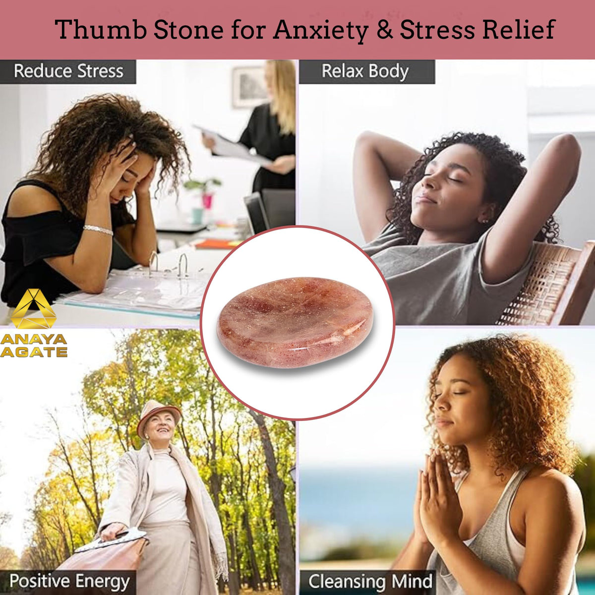 Anaya Agate Strawberry Quartz Worry Stones Certified Crystal Thumb Worry Stone for Anguish Relaxing and Soothing Balance Stones for Meditation, Stress Relief Crystals and Healing Stones for Men, Women