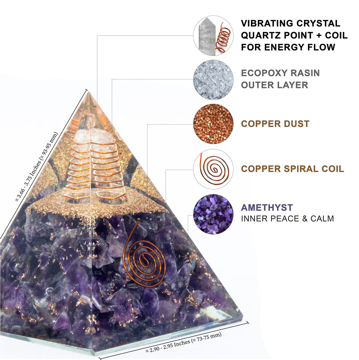 Amethyst Orgone Pyramid for Inner Peace & Calm | Orgonite pyramids with Copper Coil and Crystal Quartz for Chakra Protection