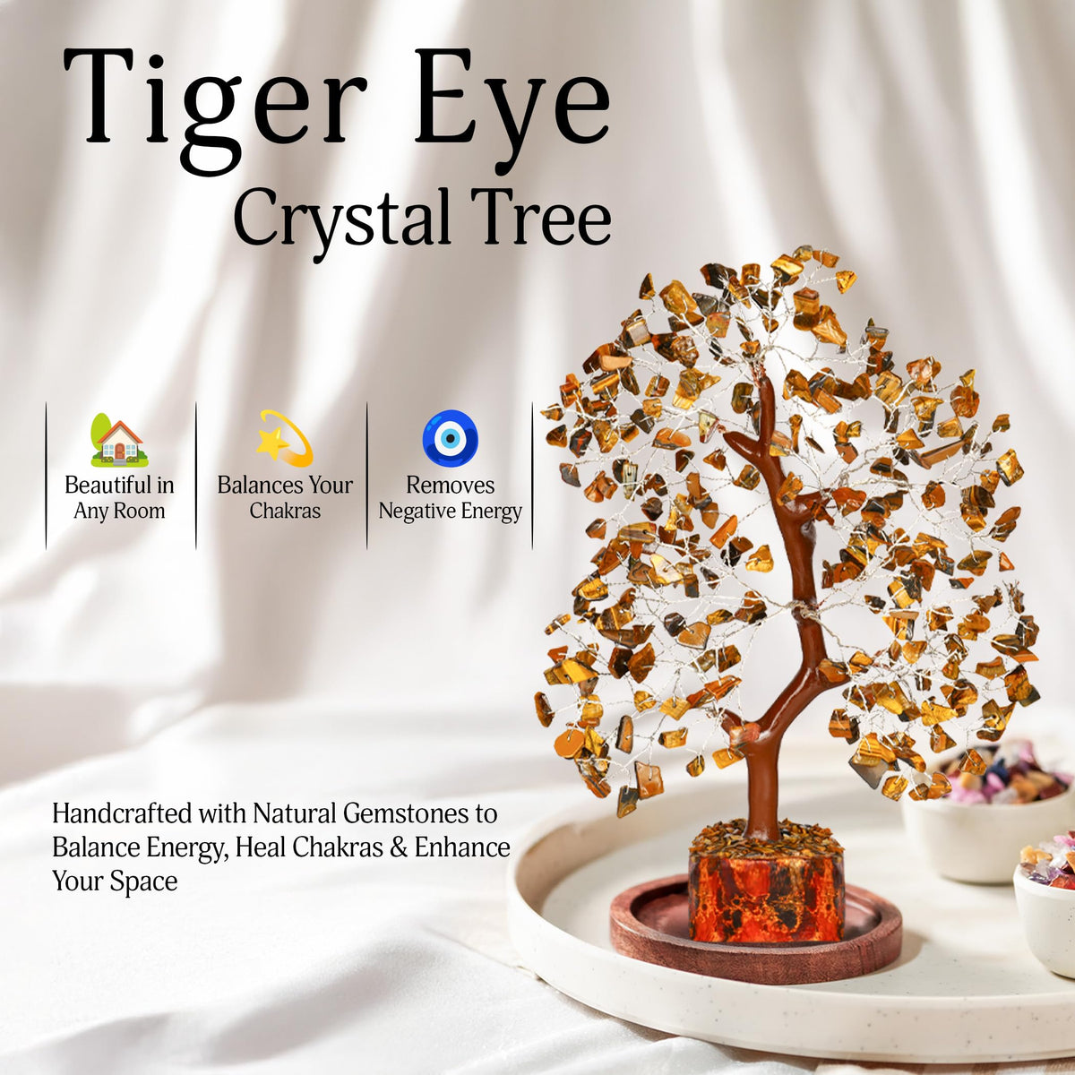 YATSKIA Tiger Eye Crystal Tree - Tree of Life - Tiger Eye Stone - Reiki Gifts - Gemstone Tree - Spiritual Decor - Crystal Decor - Chakra Decor - Metaphysical Gifts - Chakra Stones - Home Office Decor