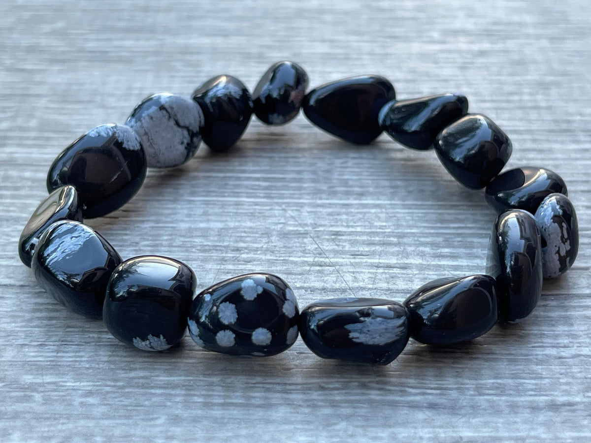 GAF TREASURES Snowflake Obsidian Crystal Nugget Bracelet, Genuine Snowflake Obsidian Tumbled Gemstone Bracelet, Healing Crystal Bracelet, Gift for Men & Women (1)