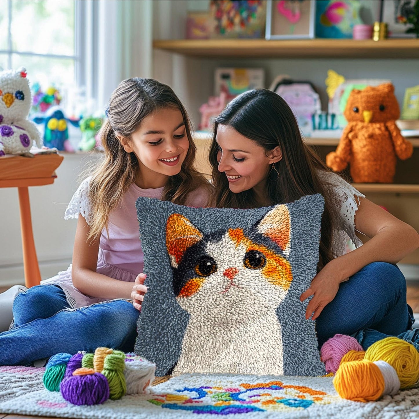 DIY Latch Hook Pillow Kits Cute Cat Printed Pillowcase Crochet Yarns Hooking Handmade Pillow Cover Cushion for Home Sofa Decoration 17x17inch-7
