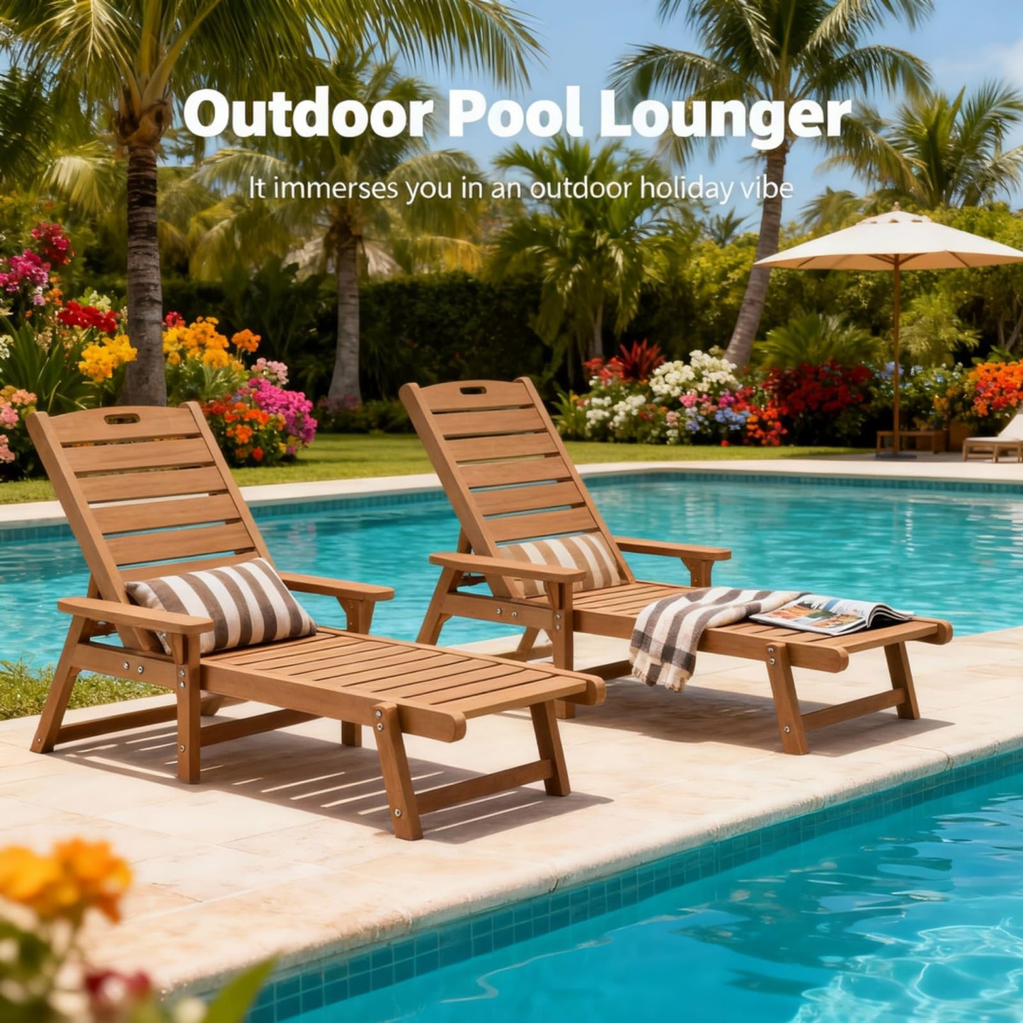 Psilvam Chaise Lounges Set of 2, Lounge Chairs with Adjustable Backrest, Supports Up to 350 lbs, All Weather Recliner Poly Lumber Lounges Bed for Poolside, Patio, Porch(Light Brown)