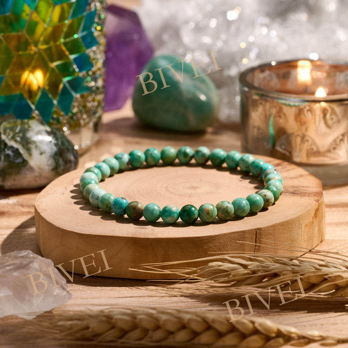Bivei Green Turquoise - Balance - 6mm Beaded Bracelets for Women Handmade Semi Precious Natural Stone Stretch Elastic Jewelry for Women Yoga Protection Gifts