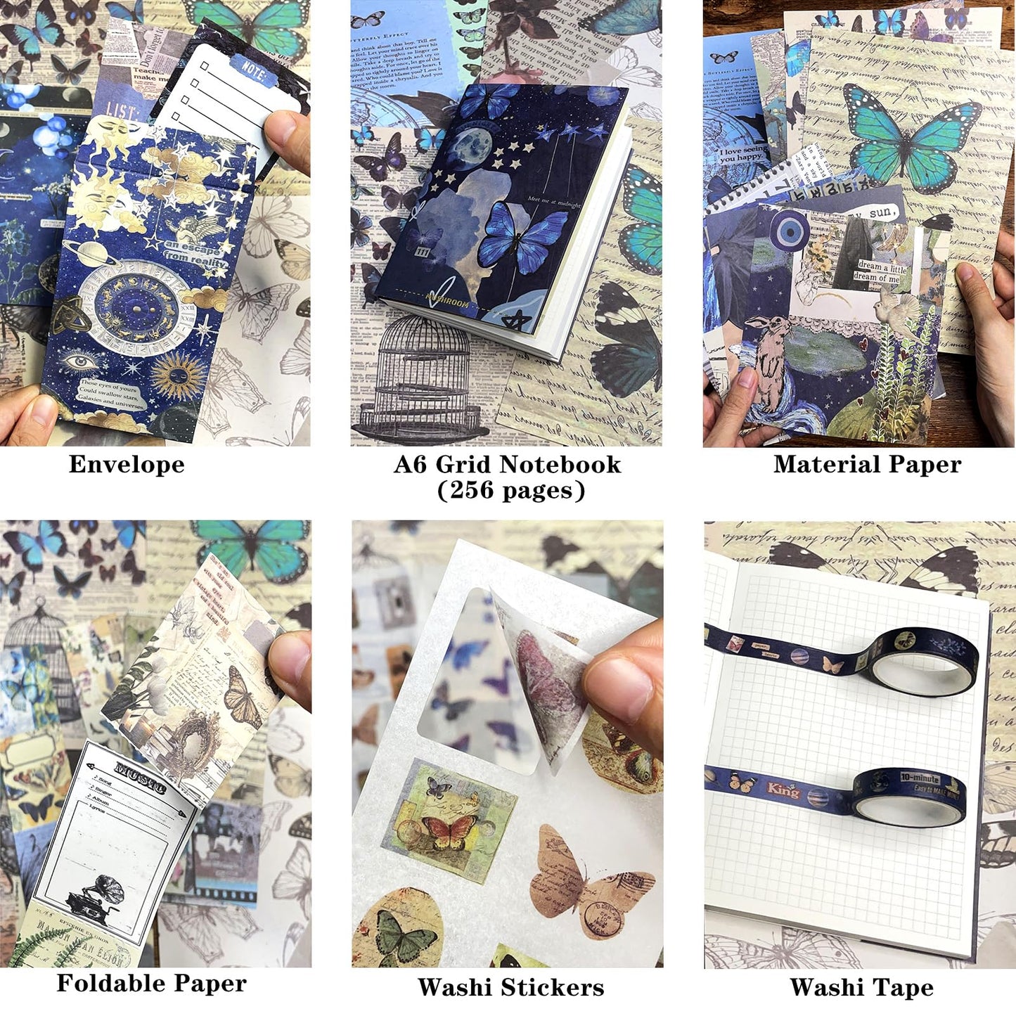 BoomTeck Vintage Aesthetic Scrapbooking Supplies, Bullet Junk Journal Kits with Scrapbook Paper, Washi Stickers, A6 Grid Notebook - DIY Craft Journaling Gift for Teen Girl Adult (Butterfly Garden)