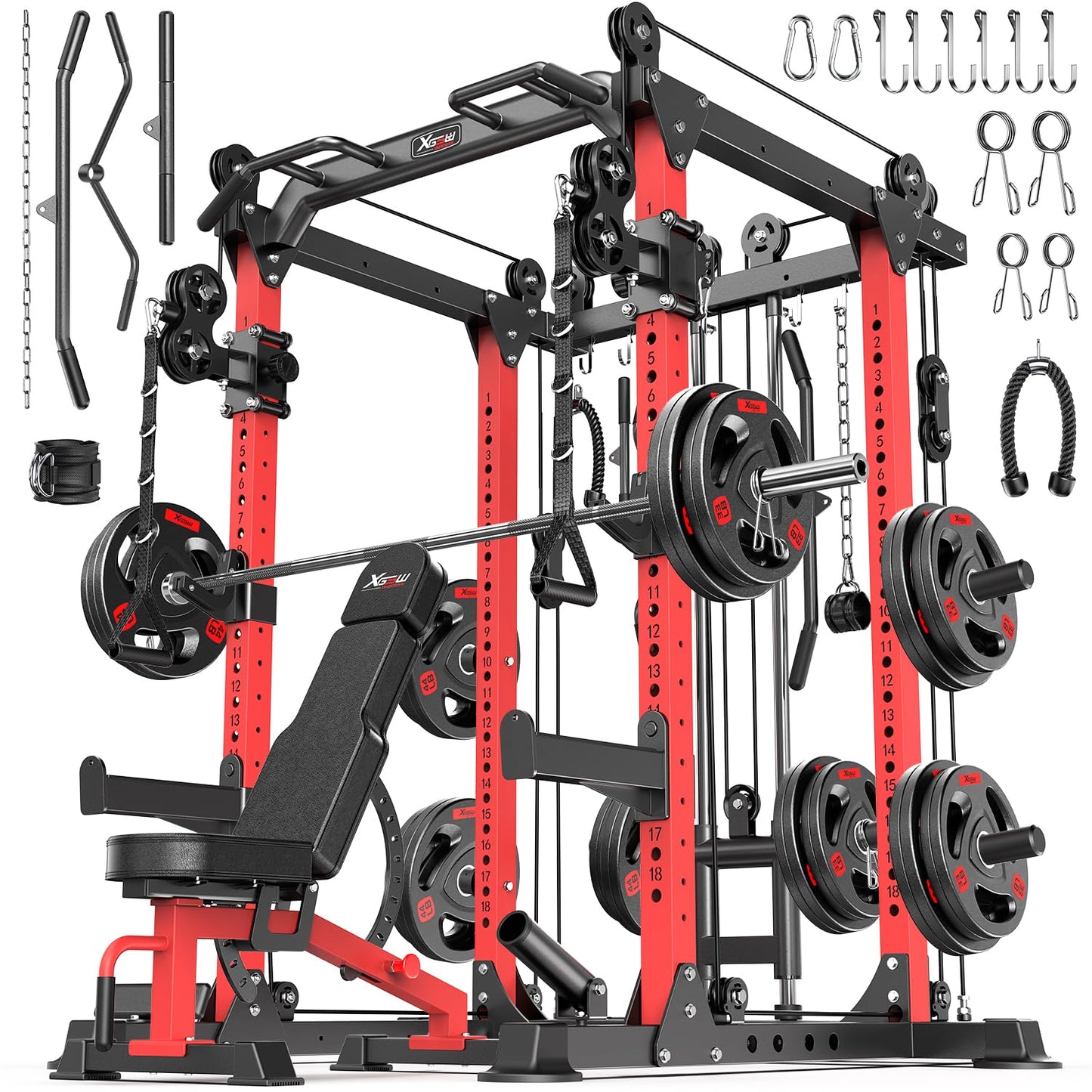 Power Rack Power Cage Multi-Function Squat Rack with Cable Crossover System Selectable More Training Attachment Power Rack for Garage & Home Gym (Red, D Set L02+Weight Bench+（Pole+Cast Iron） 248LBS)