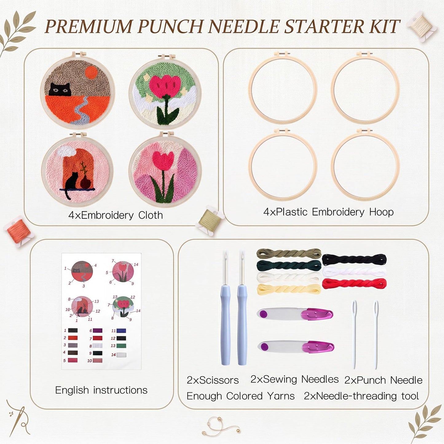 XunYee 4 Sets DIY Punch Needle Kits for Adult Beginners Cute Cat with Flower with Hoop Punch 8 Inch DIY Needle Embroidery Sets Starter Craft Set Easy for Adults Children Festival Gift Decoration