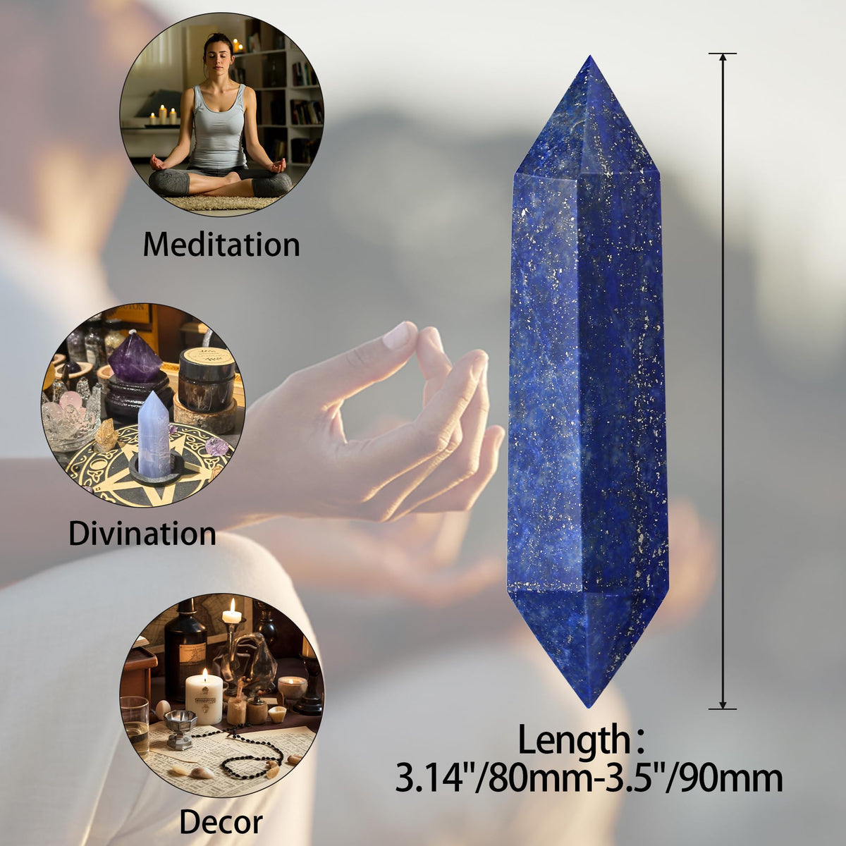YATOJUZI 3.5" Lapis Lazuli Healing Crystals Wand Natural Crystals and Healing Stones Large Hexagonal Lapis Lazuli Crystal Points for Meditation Divination Reiki Energy Balancing 1PCS