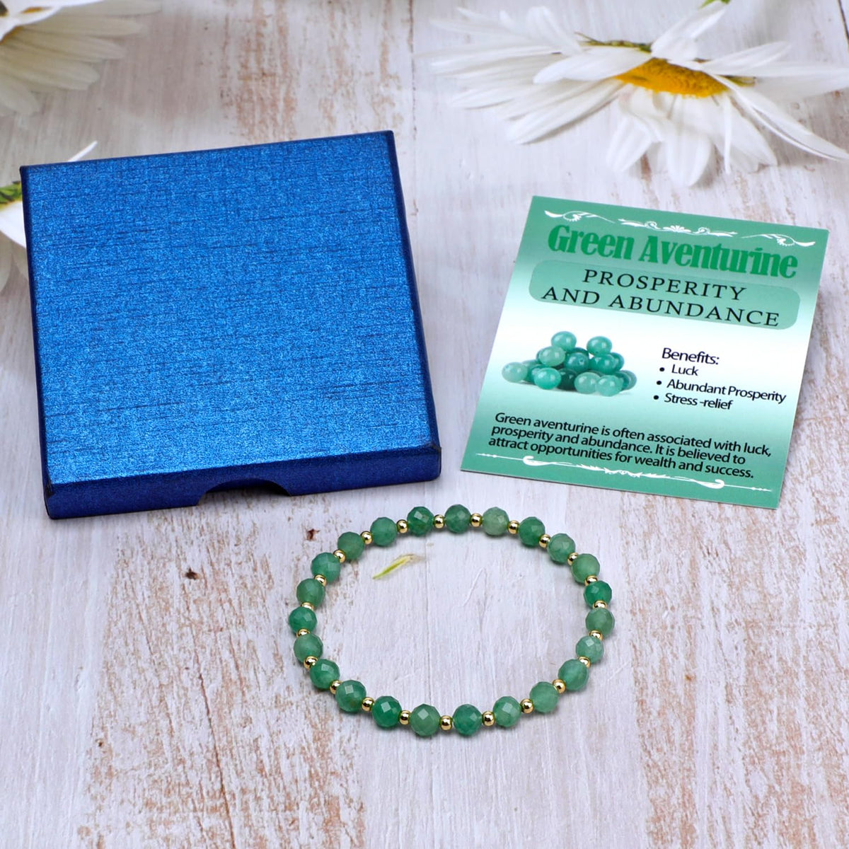QOGIR Green Aventurine - Prosperity - 14K Gold Plated Beads Natural Gemstone Stretch Elastic Dainty Healing Beaded Bracelets Gifts 6mm