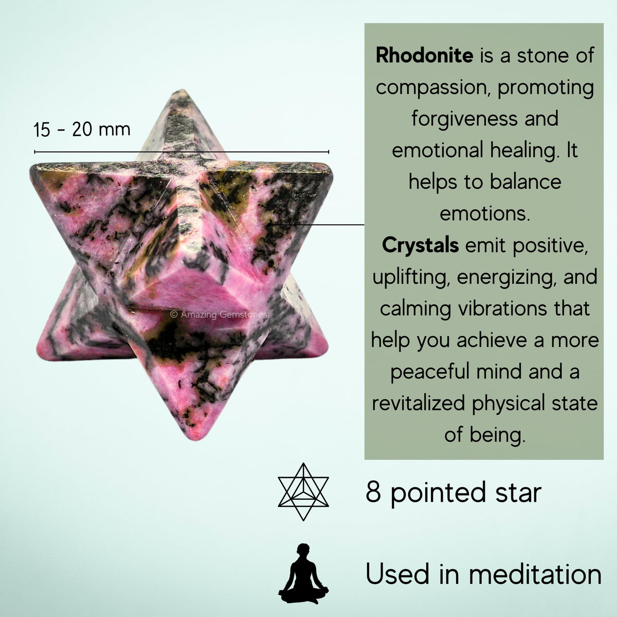 Amazing Gemstone Rhodonite Merkaba Crystal - 0.75 Inches Metaphysical Merkaba Star for Meditation - Energetic Tetrahedron Crystal and Healing Stones for Spiritual Growth and Healing (15-20mm)