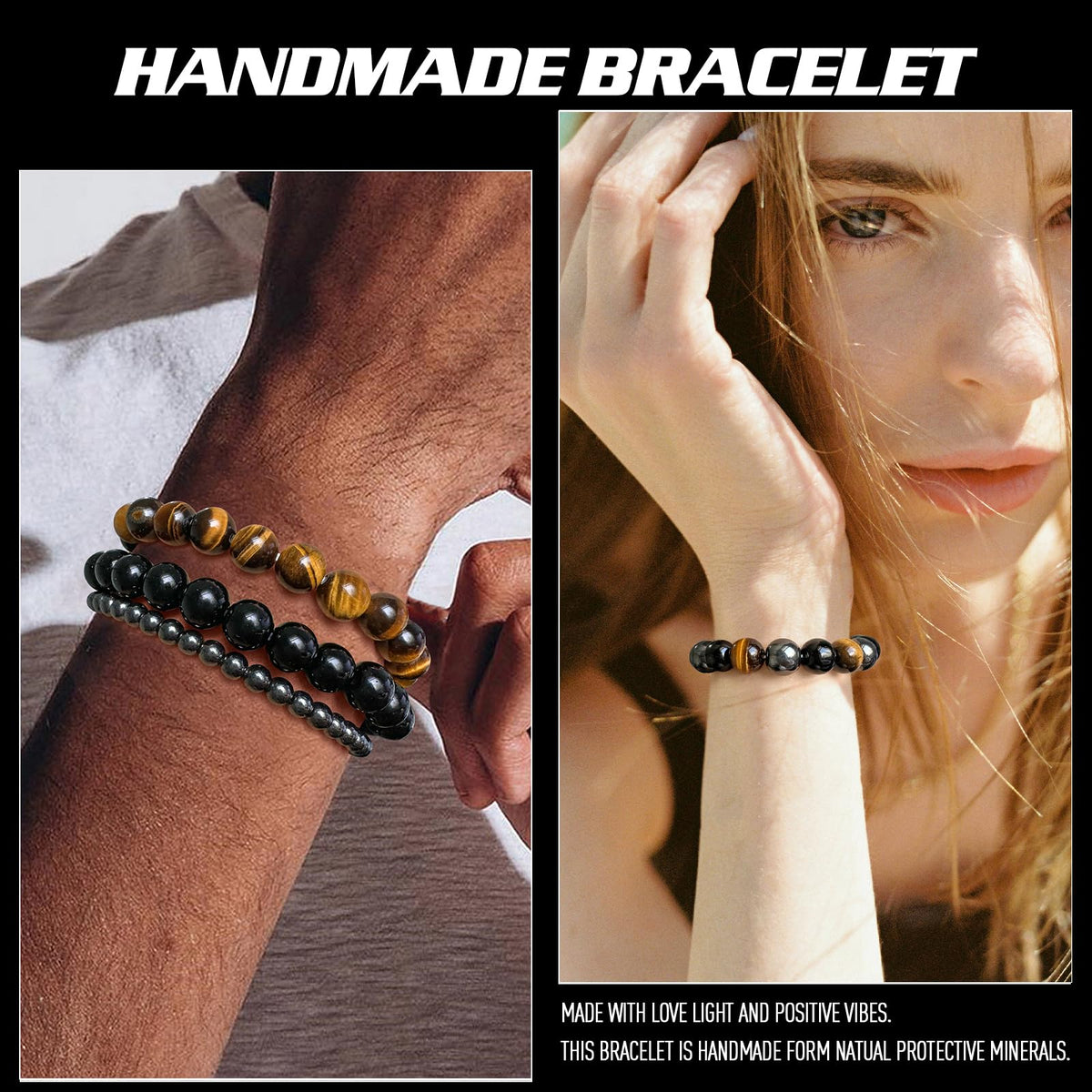 Vinswet 4pcs Natural Stone Beaded Bracelets for Women Men,Genuine Tigers Eye Black Obsidian and Hematite Bracelet,Handmade Triple Protection Bracelet Bring Luck and Prosperity and Happiness