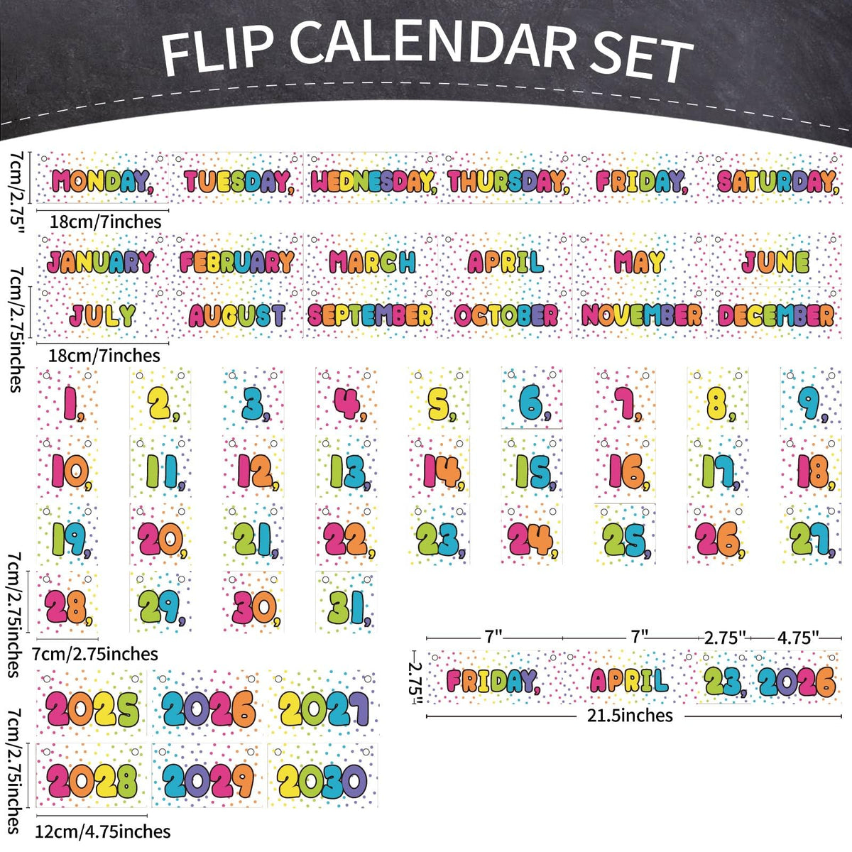 Flip Calendar Bulletin Board Set Classroom Decorations for Whiteboard with Adjustable Flip Calendar Rod Holder Date Cards Days of The Week for Classroom School Supplies(Bright Rainbow)