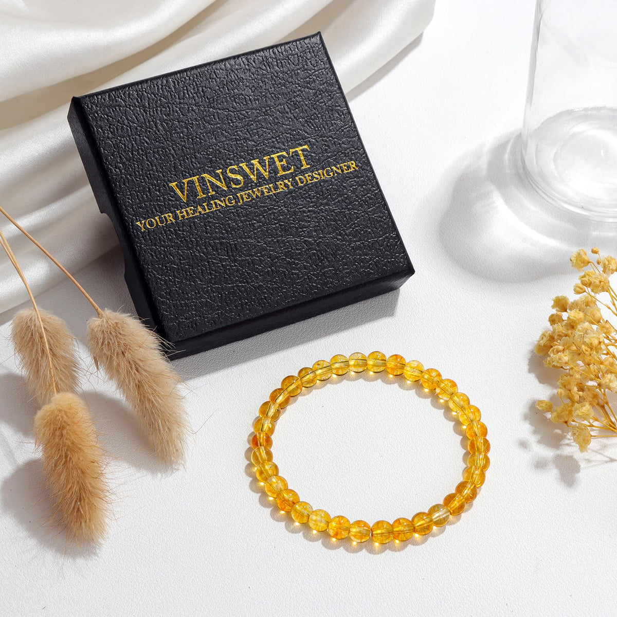 Vinswet Healing Crystal Bracelets for Women Men 6mm Citrine Natural Stone Beaded Stretch Bracelet Handmade Gemstone Reiki Spiritual Jewelry Gifts