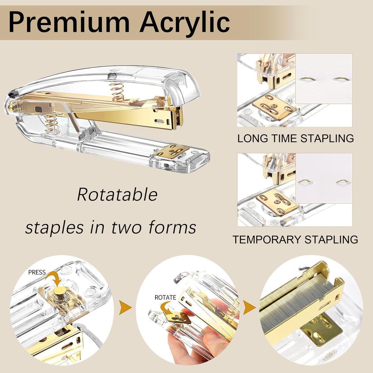 Gold Desk Accessories, Office Desk Organizers and Accessories 360°Pen Holder Acrylic Stapler Set, Phone Holder, Ballpoint Pen, Scissor, Binder Clips, Ruler, Transparent Glue, Sticky Note and Staples.