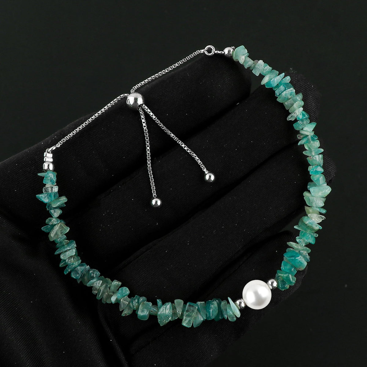 CRYSTALIS Natural Grandidierite Beads Slider Bolo Bracelet with Elegant Pearl, Uncut Chips Nuggets Crystals, Chakra Healing Gemstone, Women Jewelry, 925 Sterling Silver Slider 10 inch