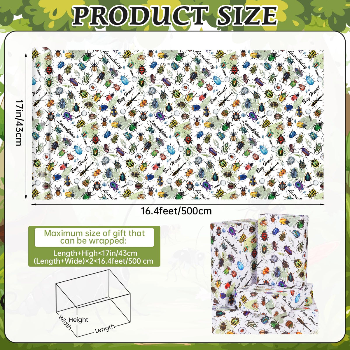 Insect Wrapping Paper Roll - 17Inch x16.4Feet - Beetle Bugs&Leaves Colorful Gift Wrap for Nature Parties,Birthdays,Celebrations