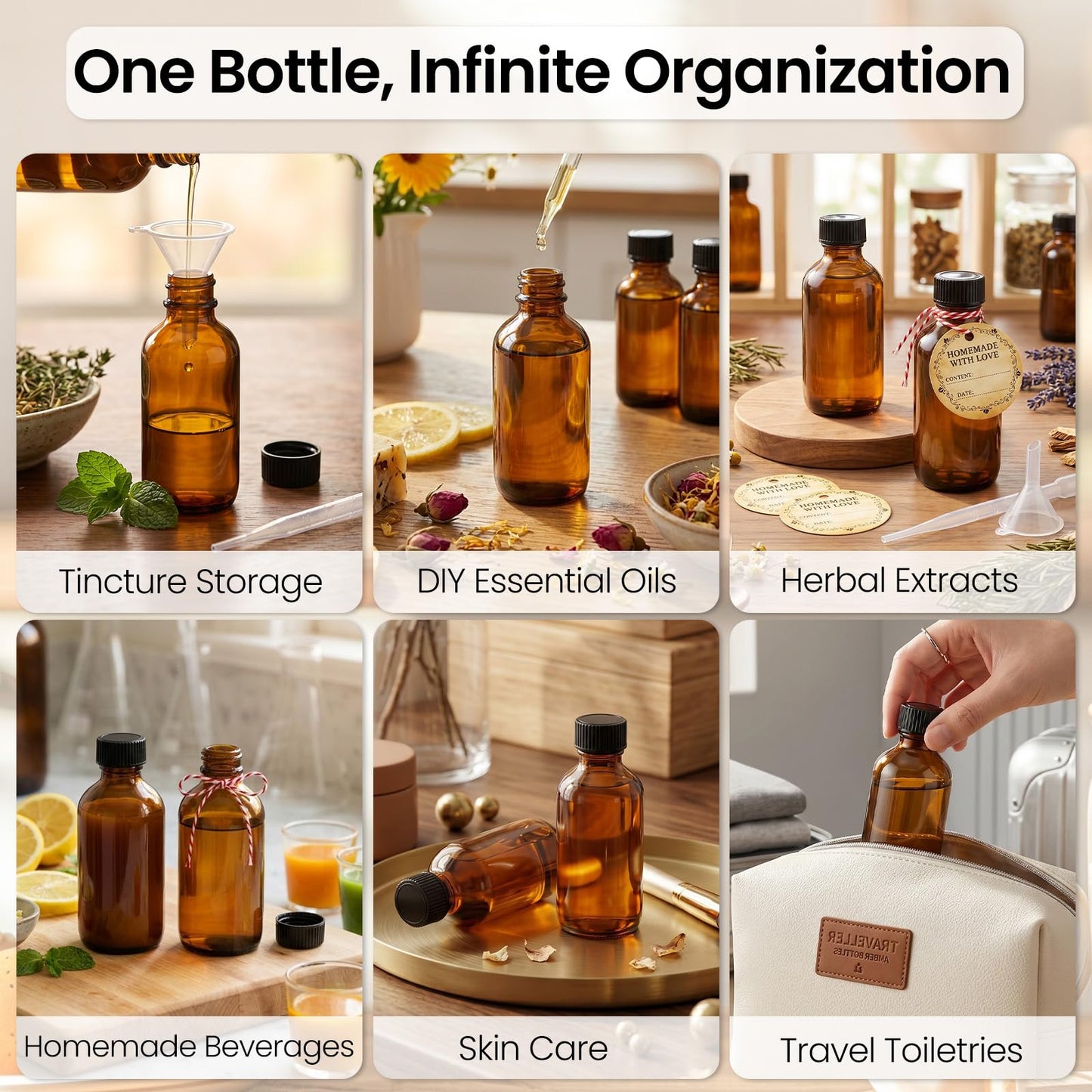 TBWIND 54 Pack 2oz Amber Glass Boston Round Bottles with Airtight Polycone Caps, Travel Size Glass Bottles for Essential Oils, Perfume, Vanilla Extract, Tinctures & DIY Samples
