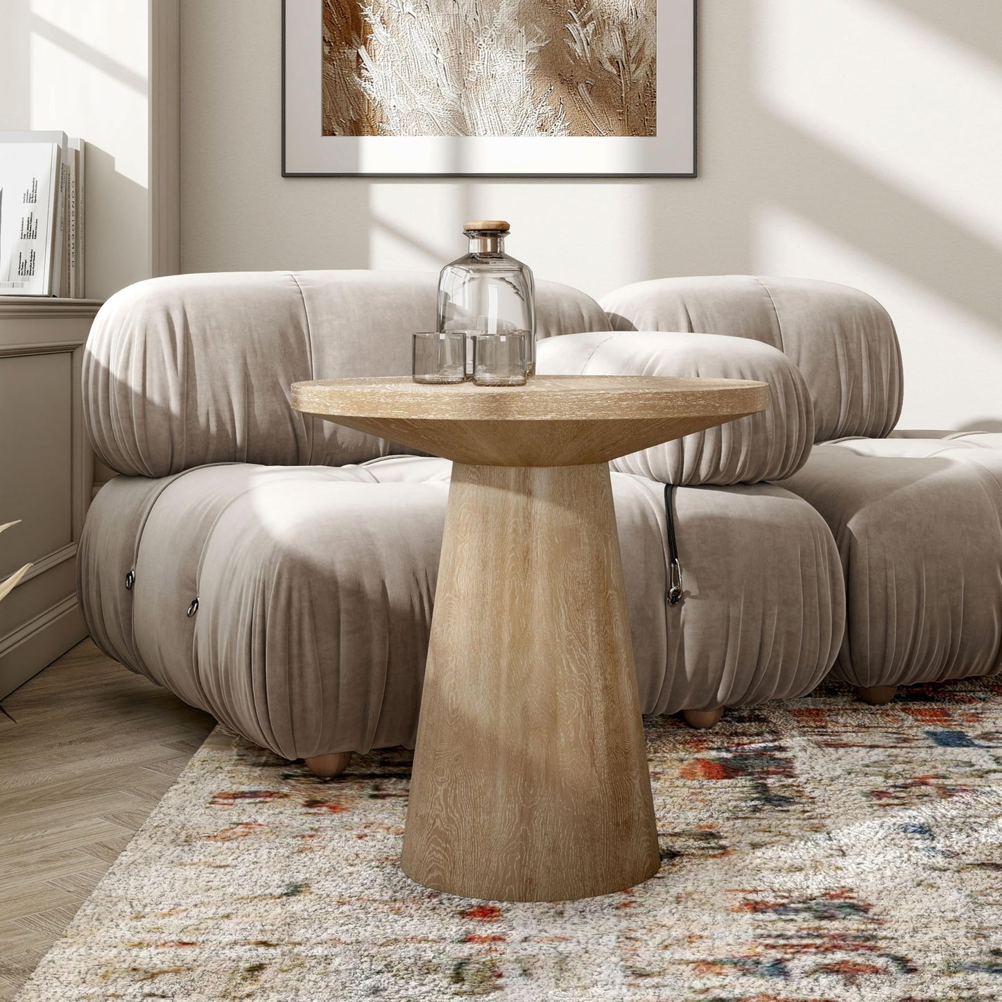 Furniture of America Crambel Modern Solid Wood 2-Piece Brown 29-inch Round End Table Set with Cone-Shaped Pedestal Base for Small Space, Living Room, Home Office, Oak