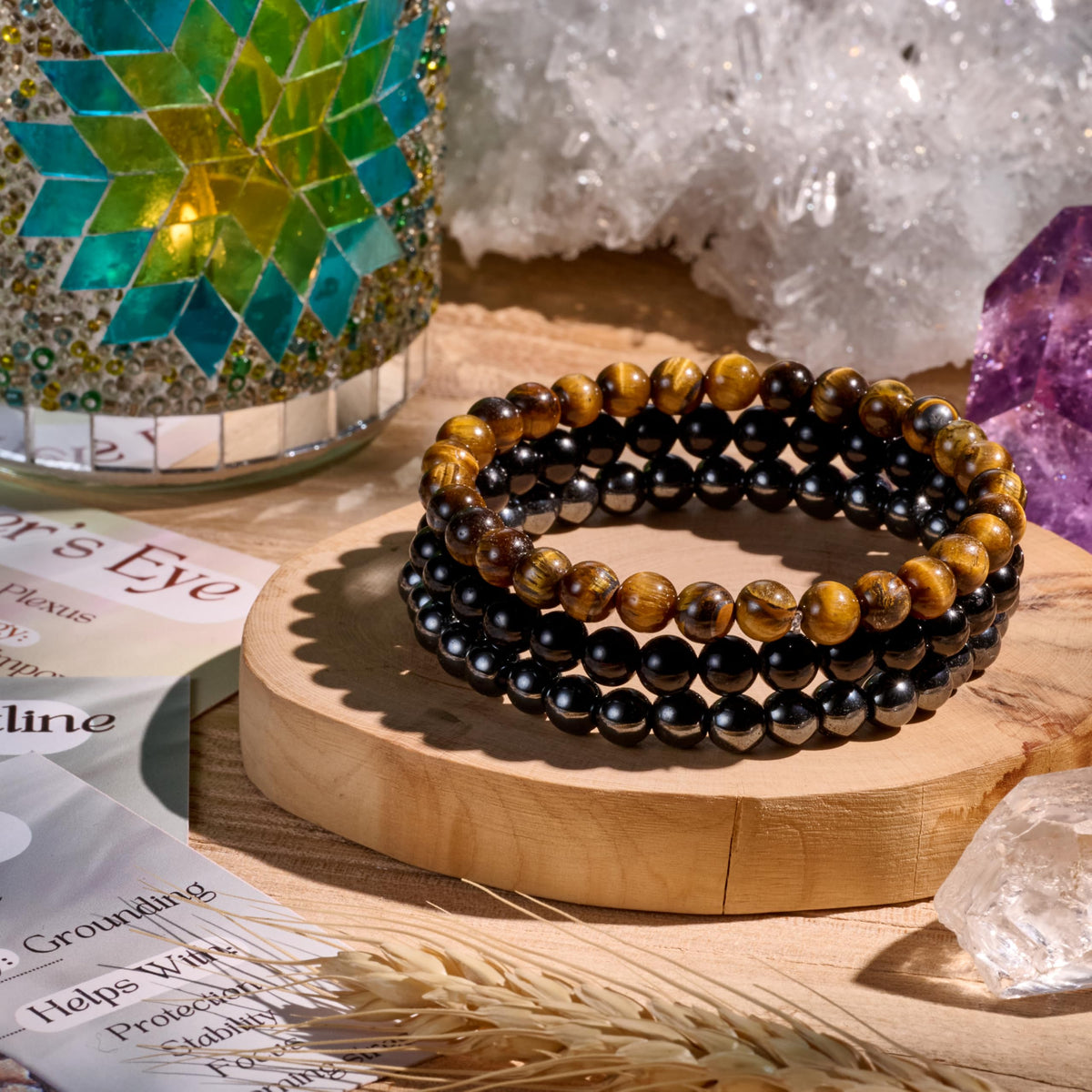 Bivei 3-Piece 8mm Beaded Bracelets for Women – Hematite, Black Tourmaline, Tiger Eye – Handmade Natural Crystal Stretch Elastic Jewelry for Meditation, Yoga, Protection Gifts