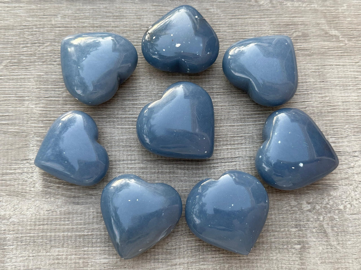 Angelite Gemstone Hearts, Polished Angelite Puffy Hearts, Angelite Crystal Palm Stone, Angelite Healing Crystal Hearts (1 Heart)