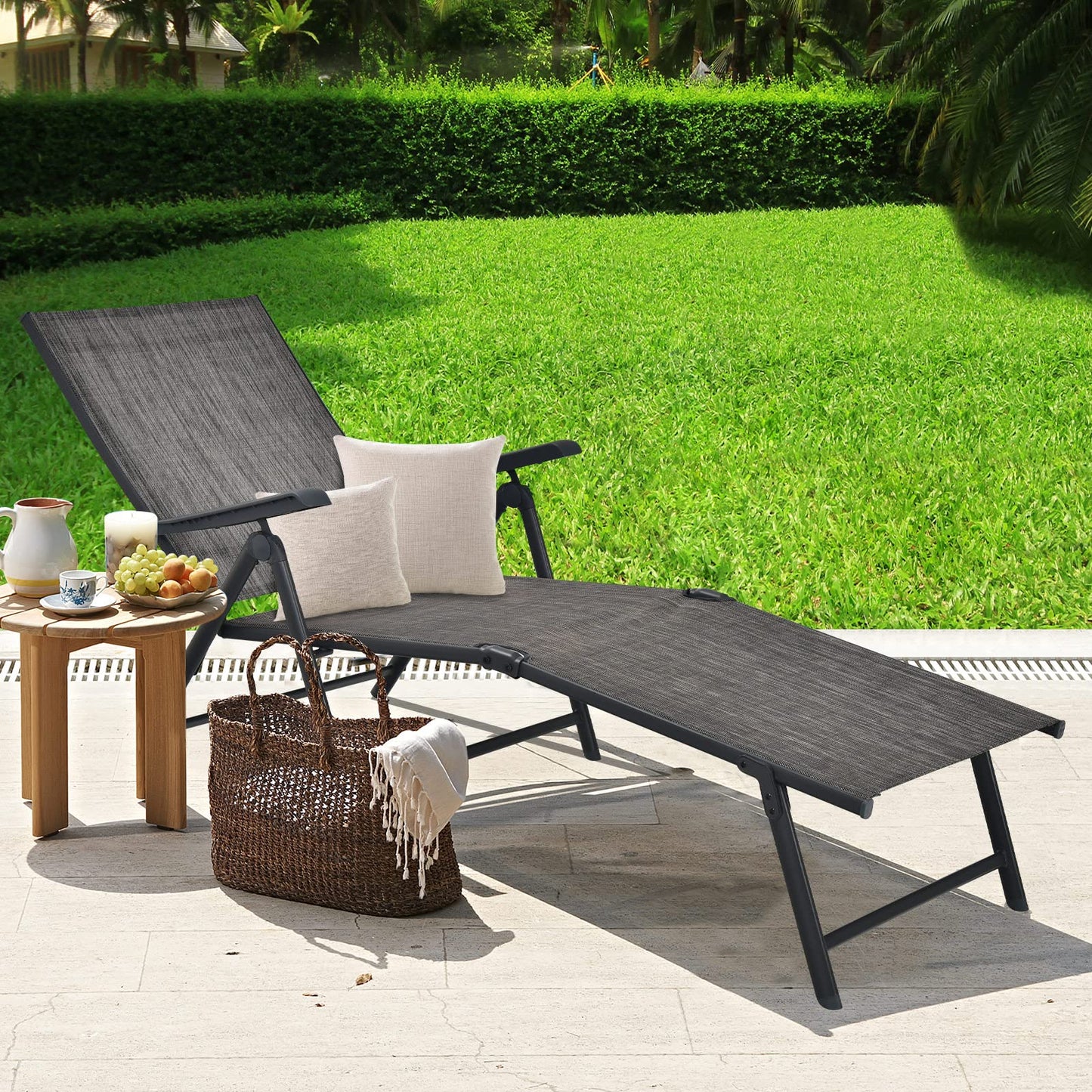 Multigot Folding Sun Lounger Set of 2, 5-Positions Adjustable Reclining Chaise Lounge Chair with 2-Level Footrest & Armrests, Steel Frame Outdoor Sunbed Deck Chair for Poolside Beach Camping (Gray)