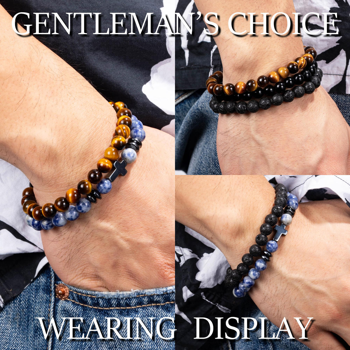 Crystery Men Beaded Bracelets, 8mm Natural Stone Bracelet, Healing Crystal, Jewelry Gifts for men, Triple Protection, Blue Spot Stone, Tiger Eye, Black Obsidian Beads Bracelets, Lava Rock, Pack of 4