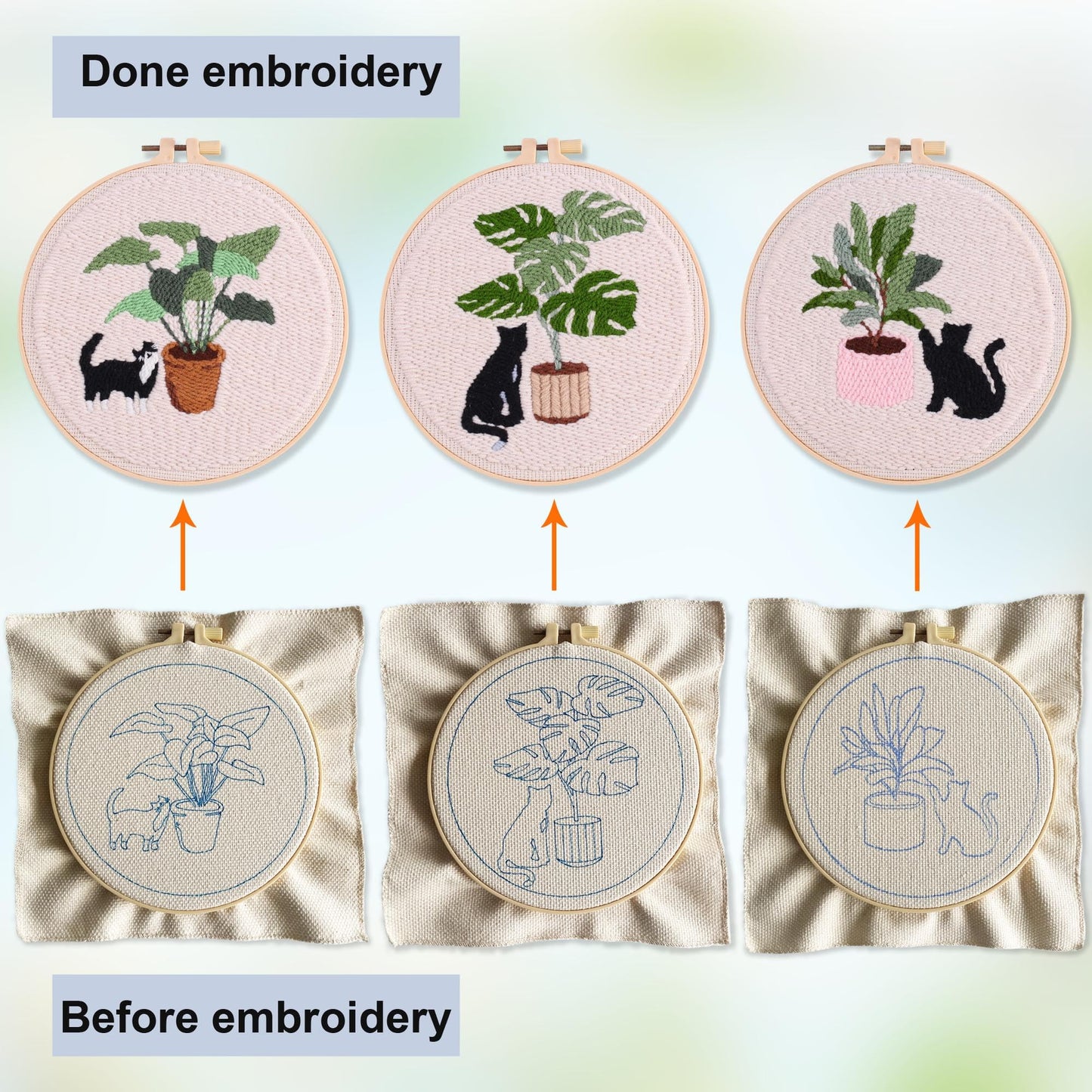 Myfelicity Punch Needle Kit for Adults, Beginners, Cat and Greenery Patterns, Includes Punching Needle Supplies