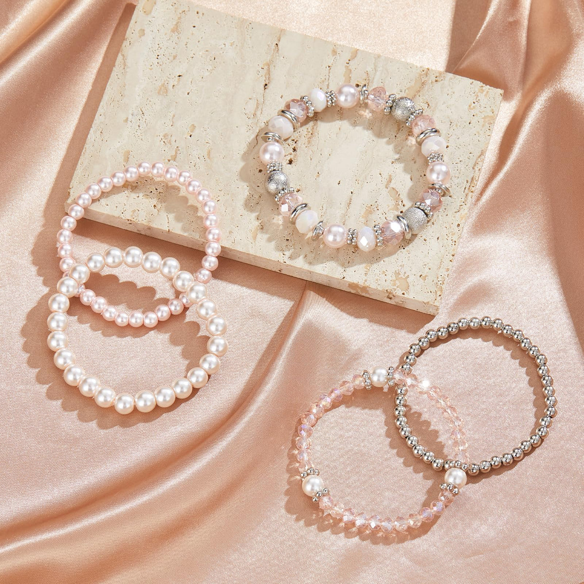 Noessla Beaded Pearl Stretch Bracelet Silver Stackable Crystal Beads Bracelets Trendy Costume Jewelry Mothers Day Gifts for Women(Pink)