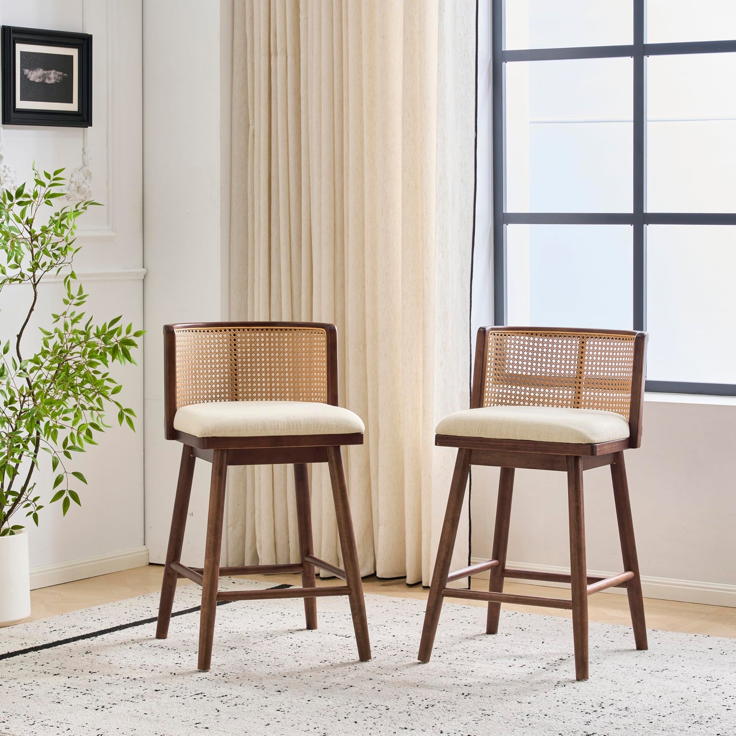 Christopher Knight Home Aphe Counter Height Bar Stools Set of 2, Fabric Upholstered Bar Stool for Kitchen Island, Rubberwood Counter Stools with Woven Rattan Backrest, Beige + Dark Walnut
