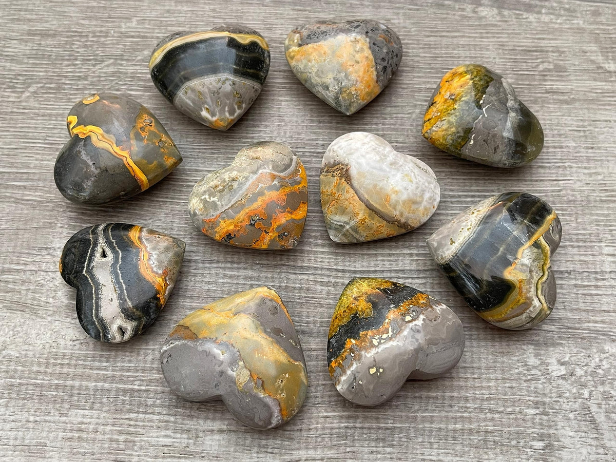 GAF TREASURES Bumble Bee Jasper Gemstone Hearts, Polished Bumble Bee Jasper Puffy Hearts, Bumble Bee Jasper Crystal Palm Stone, Bumble Bee Jasper Healing Crystal Hearts (1 Heart)