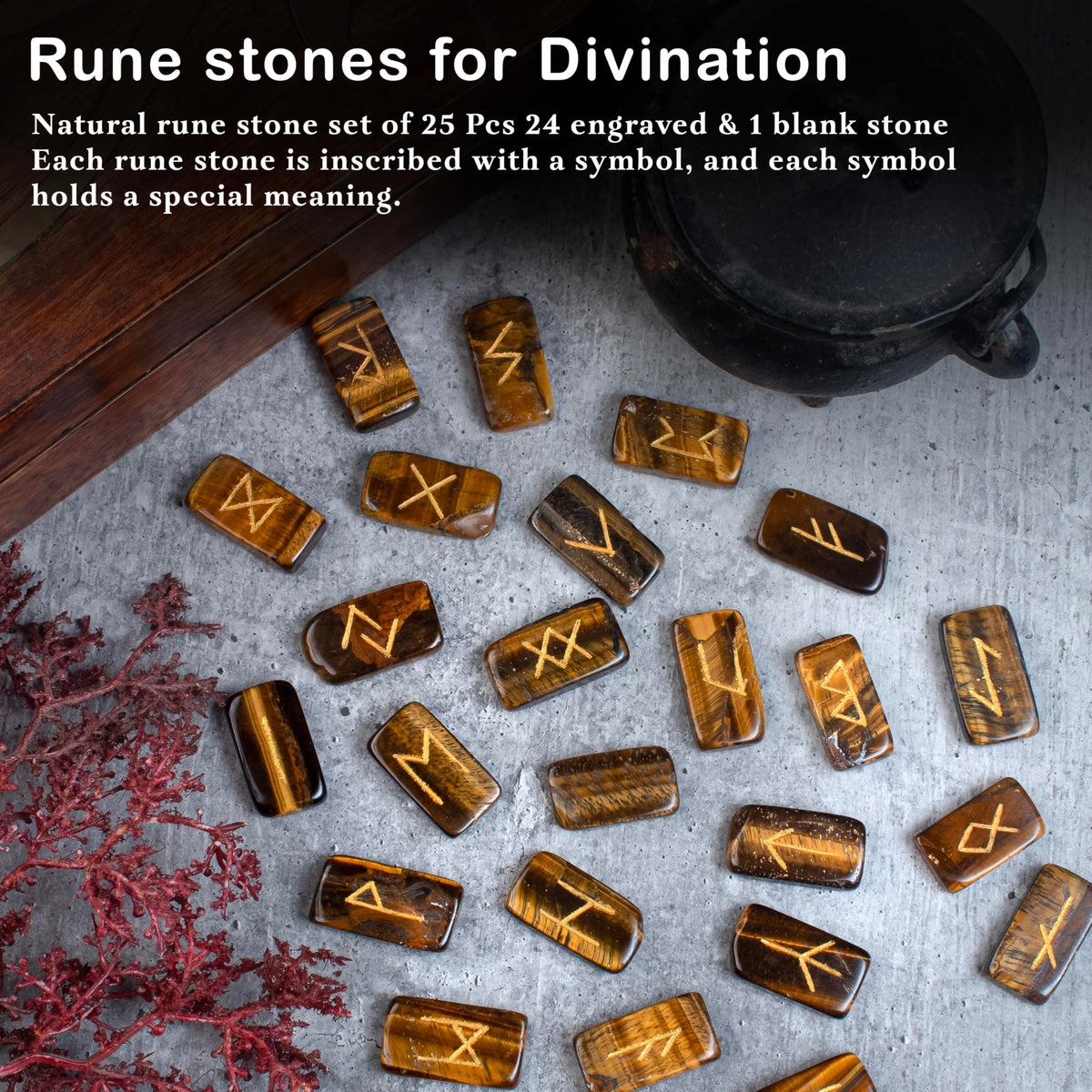 Crocon Tiger Eye Rectangle Shape Gemstone Runes with Elder Futhark Alphabet Engraved 25 pcs Rune Set Crystal Divination Metaphysical Healing Chakra Reiki Runes Set with a Pouch Size : 20-25mm