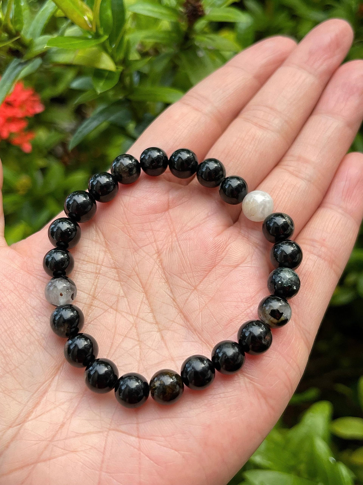 GAF TREASURES Black Tourmaline With Quartz Crystal Bead Bracelet 6-8mm, Genuine Black Tourmaline With Quartz Stretch Gemstone Bracelet, Healing Crystal Bracelet, Gift for Men & Women (1)