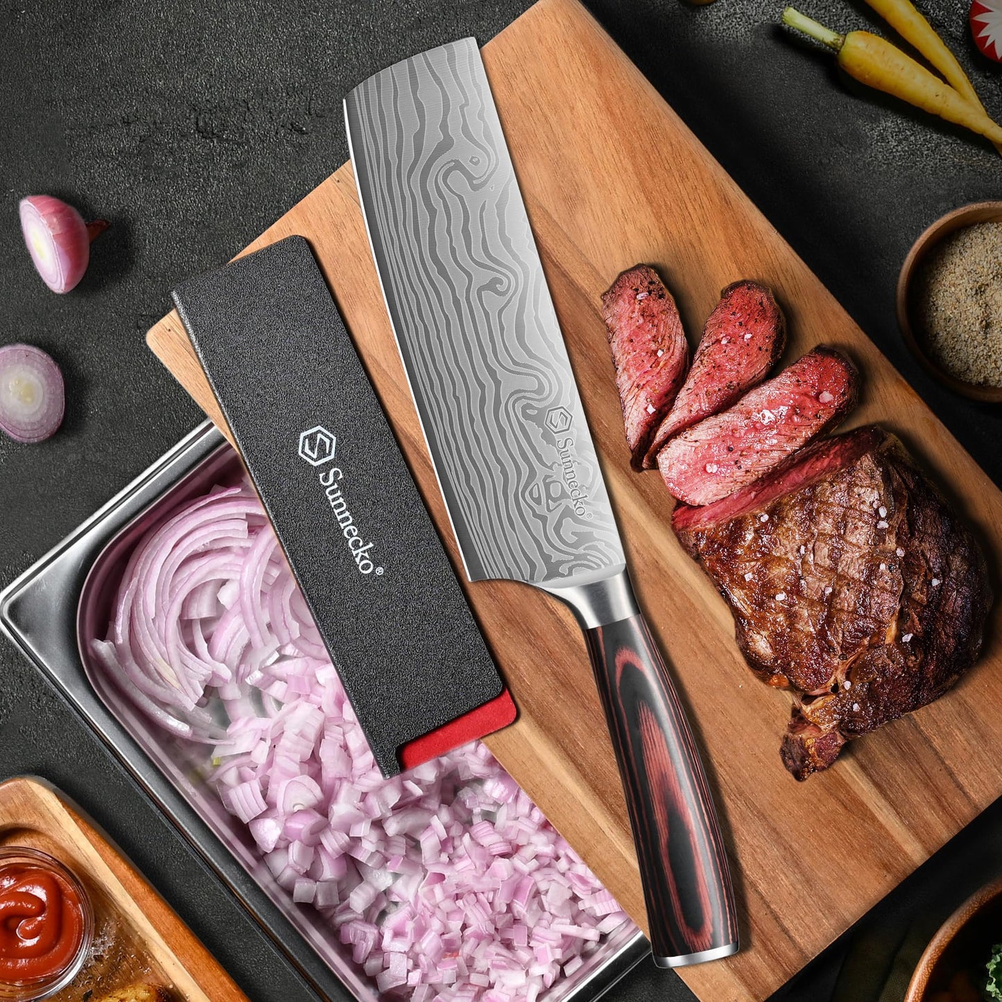 Sunnecko Japanese Nakiri Knife 7 Inch - 15° Edge Carbon Steel Chef Knife Full Tang Forged Blade Vegetable Cleaver with Sheath, Kitchen Gift for Home Cooks & Pros, Father's Day Box