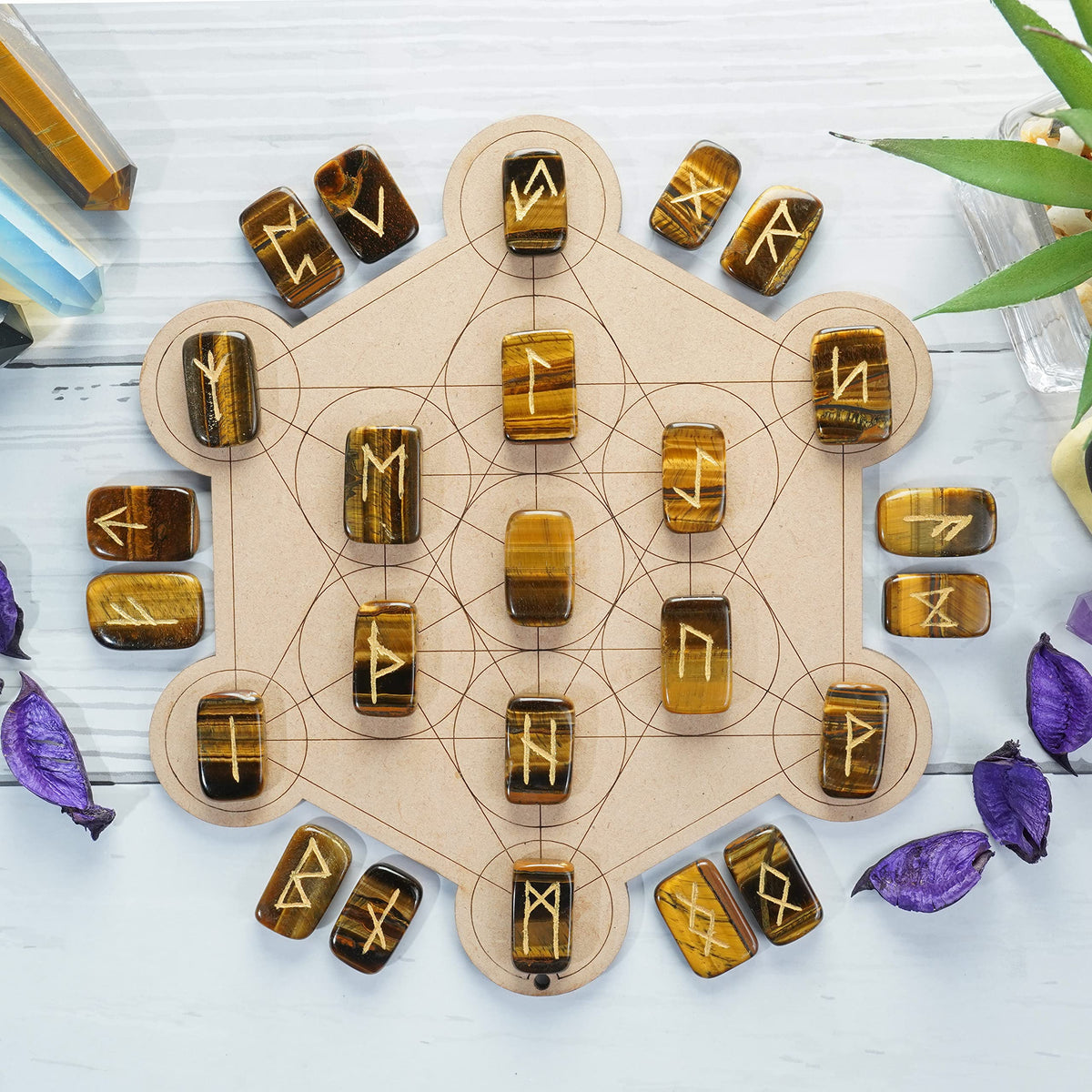 Crocon Tiger Eye Rectangle Shape Gemstone Runes with Elder Futhark Alphabet Engraved 25 pcs Rune Set Crystal Divination Metaphysical Healing Chakra Reiki Runes Set with a Pouch Size : 20-25mm