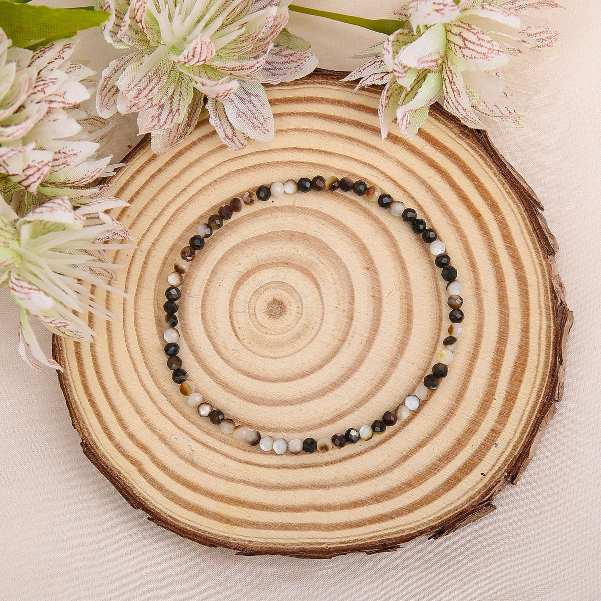 BONNY BOXX Natural Genuine Gemstone Faceted Round Beads Bracelet, 3mm Adjustable Stretchy Tiny Faceted Black Shell, Healing Crystal Reiki Chakra Dainty Jewelry Fashion Gifts