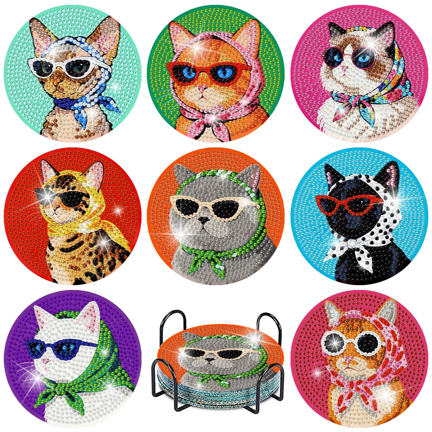 8 Pcs Cat Diamond Painting Coasters Kits with Holder,Cat Wearing Glasses Diamond Art Coasters with Wooden Pad for Adult,DIY Round Drill Gem Drink Coaster Art Craft Supplies for Home Decor 4x4 Inch.