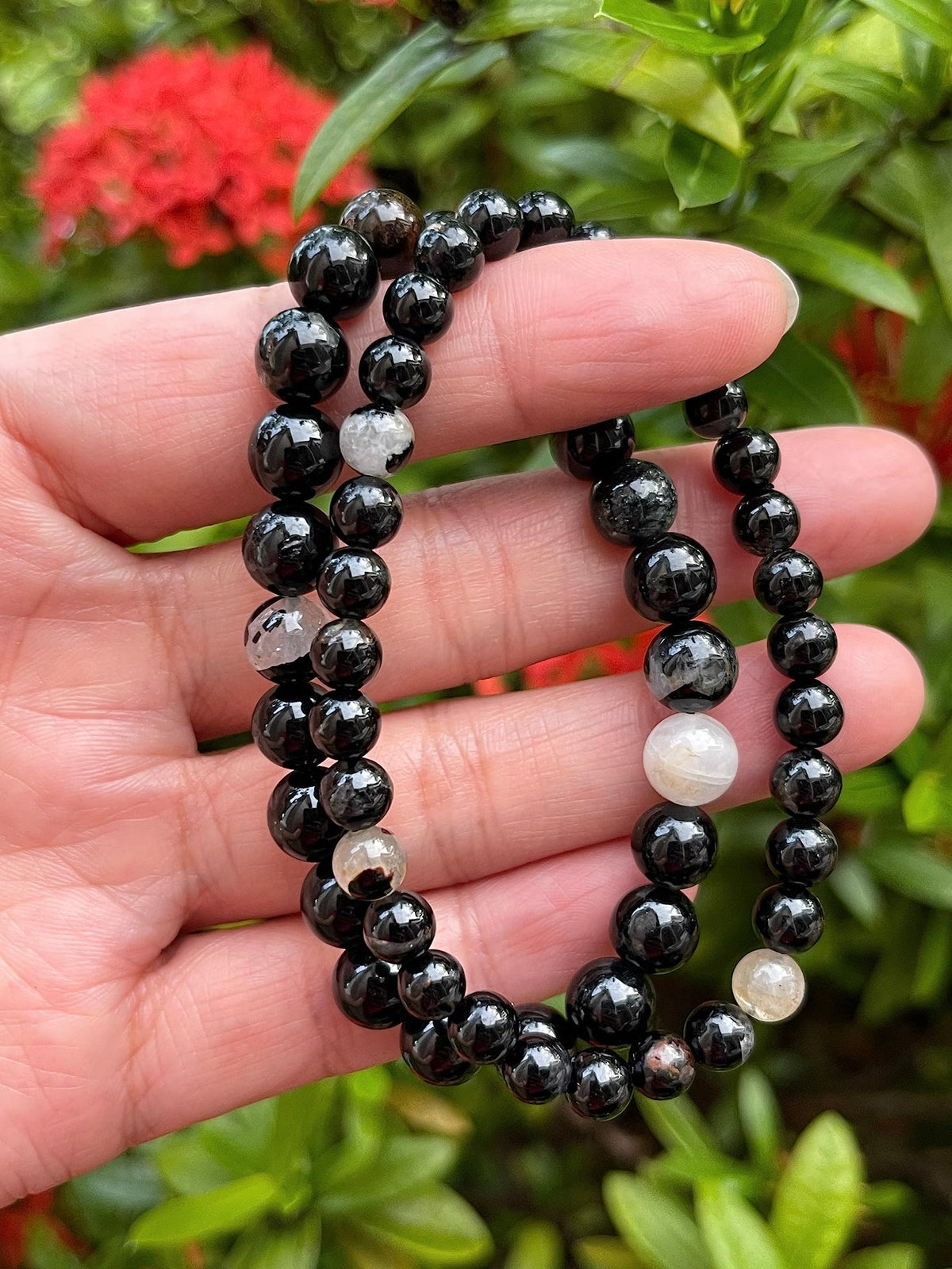 GAF TREASURES Black Tourmaline With Quartz Crystal Bead Bracelet 6-8mm, Genuine Black Tourmaline With Quartz Stretch Gemstone Bracelet, Healing Crystal Bracelet, Gift for Men & Women (1)