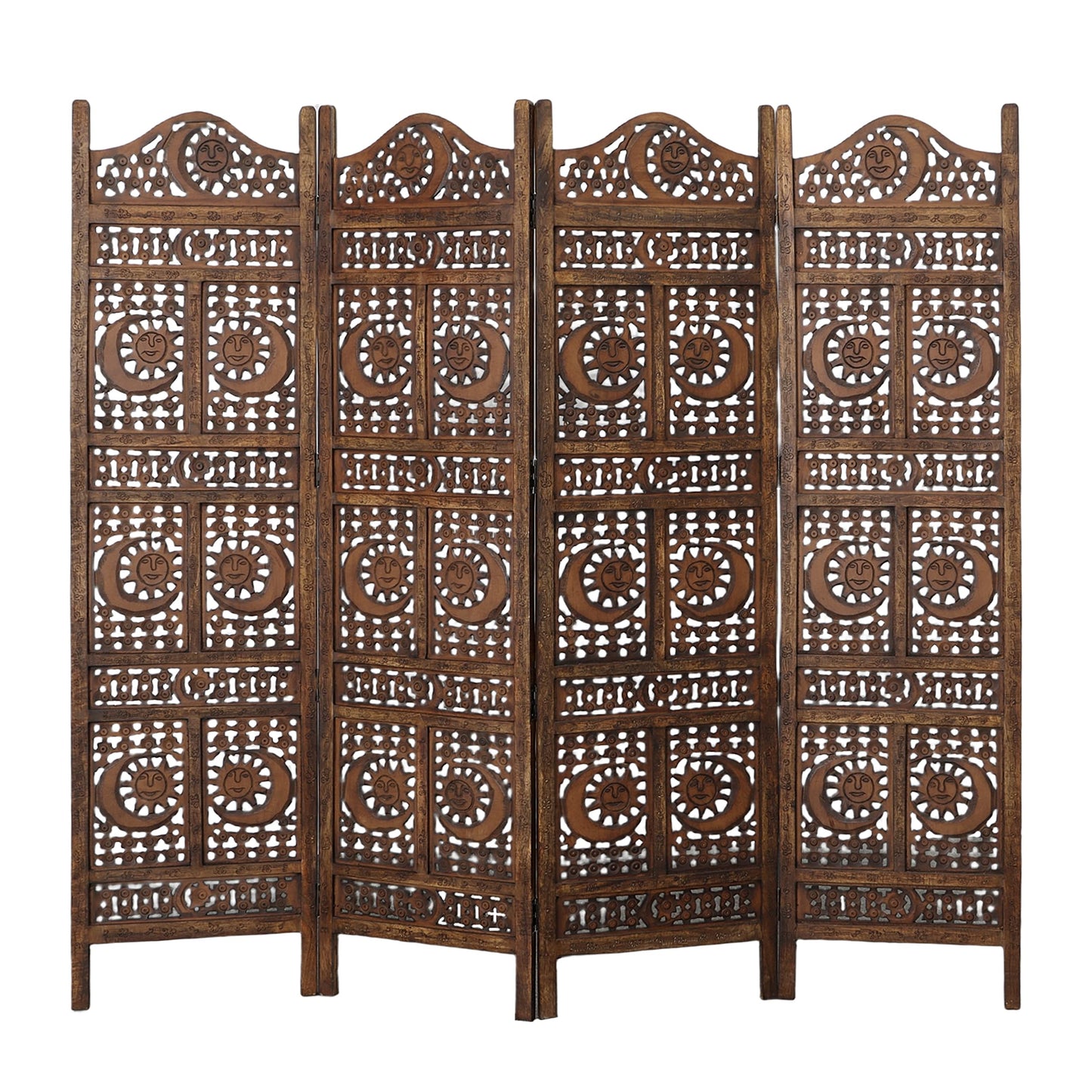 Hand Carved Sun and Moon Design Foldable 4 Panel Wooden Room Divider, Decorative Privacy Screen, Rustic Home Partition Decor