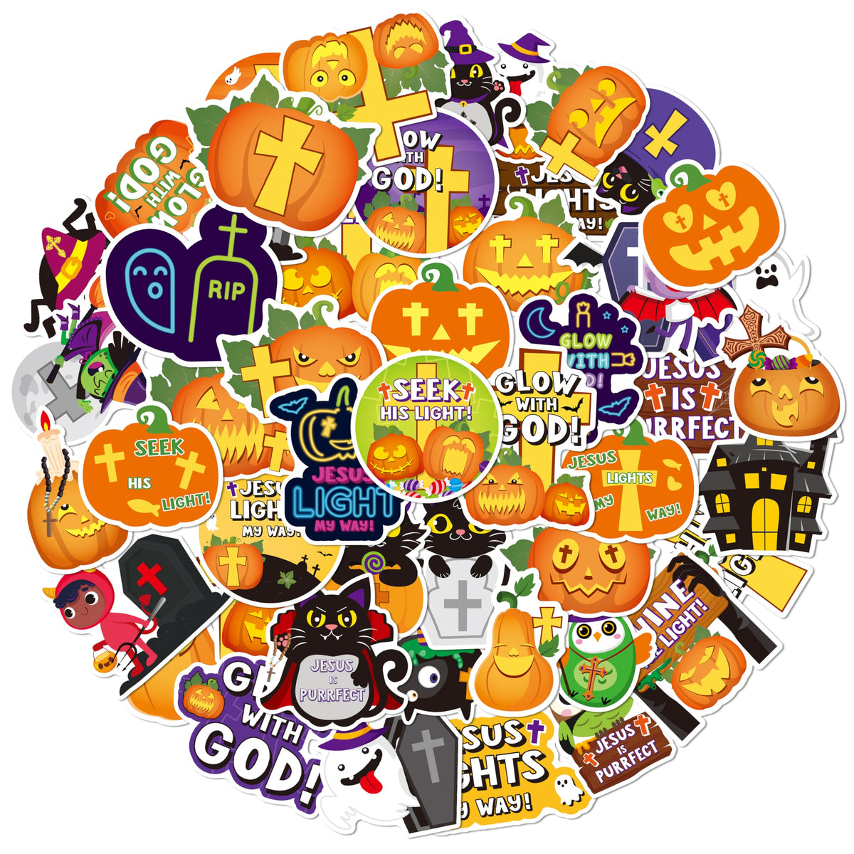 ANGOLIO 50Pcs Halloween Stickers for Kids, Cute Cartoon Pumpkins Witch Black Cat Christian Crosses Vinyl Waterproof Decals for Water Bottles Notebooks Laptop
