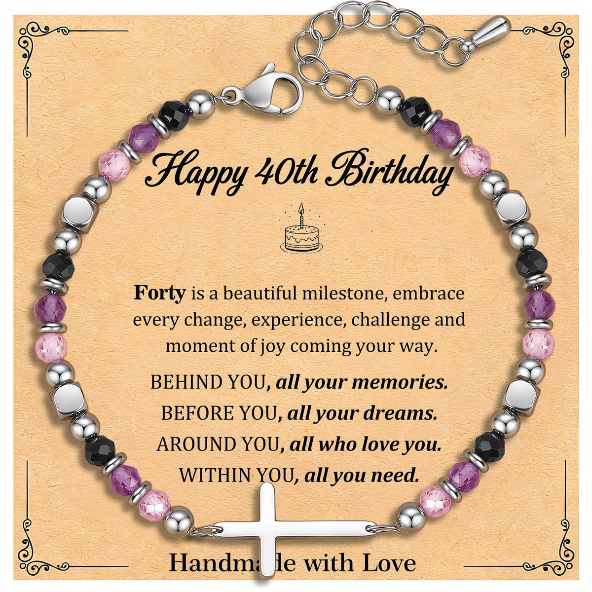 40th Birthday Gifts Women, 40th Birthday Decorations for Women, Dainty Christian Cross Bracelet – Adjustable Anxiety Relief Friendship Jewelry for Friend, Sister, Wife