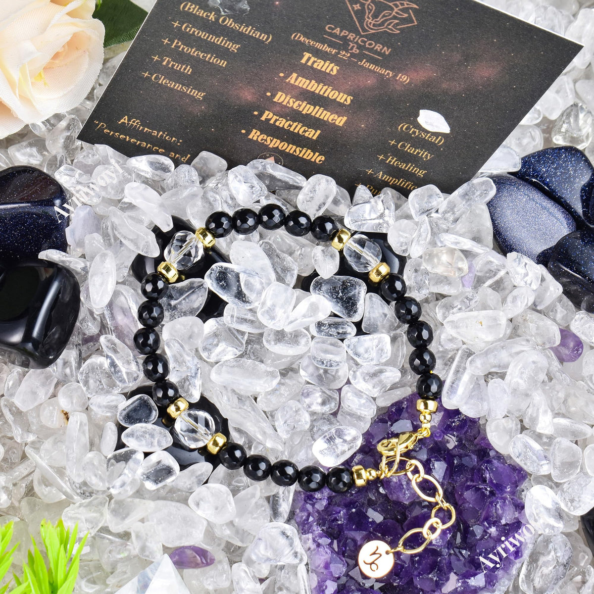 Ayriwoyi Capricorn Zodiac Bracelet Black Obsidian Clear Quartz Crystal Healing Bracelet Birthstone Beaded Bracelet Horoscope Spiritual Jewelry Gift for Men Women