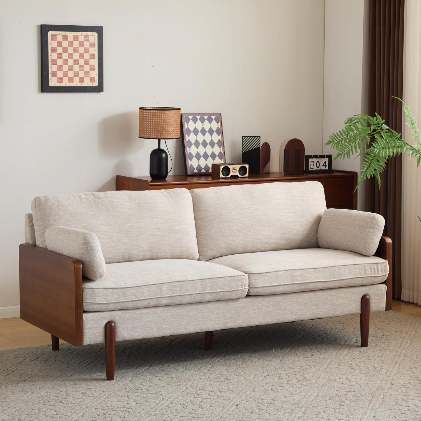 Christopher Knight Home Arboris Modern Rubberwood Frame, Fabric Upholstered Loveseat, Living Room/Bedroom/Apartment Couch/Sofa with Toss/Back Pillows and Removable Cushions, Beige+Light Walnut
