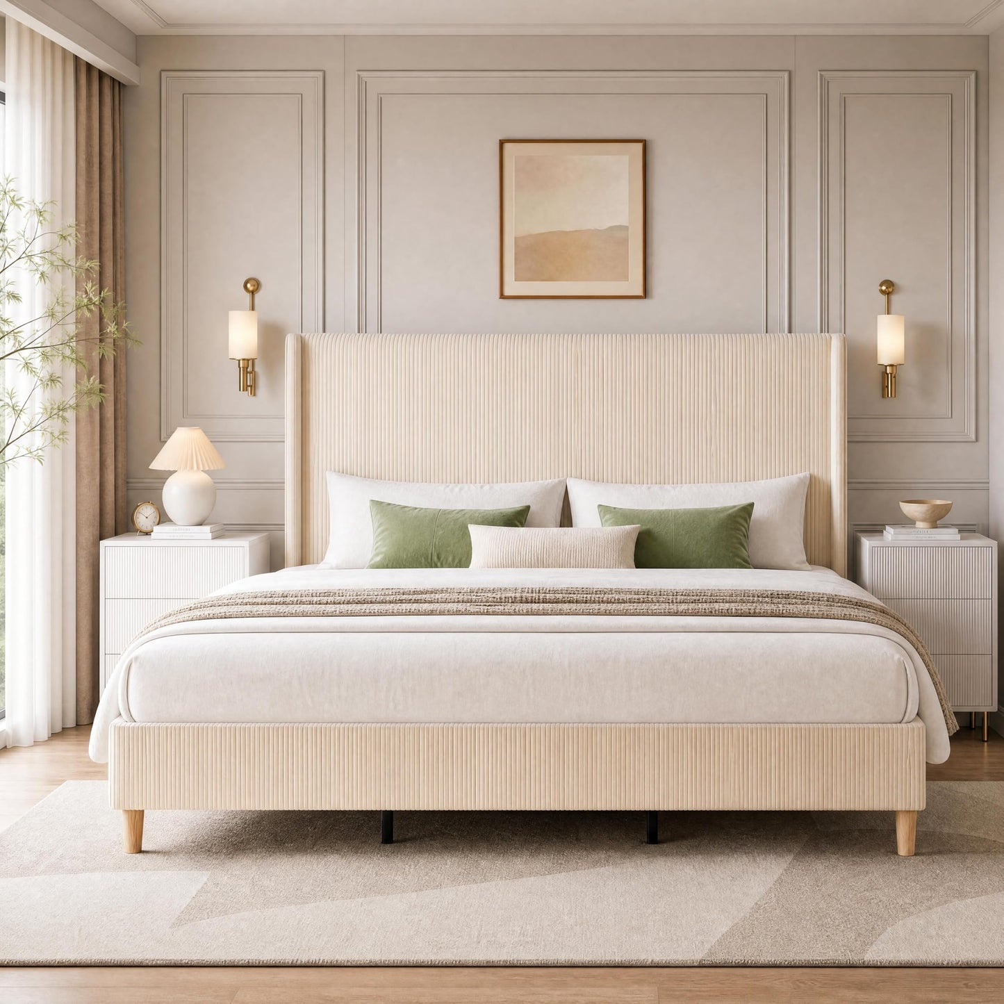 GarveeLife King Size Corduroy Upholstered Bed Frame, 50.4" Wingback Headboard with Sponge Padding, Wooden Slats Support, Noise‑Free, No Box Spring Needed, Beige