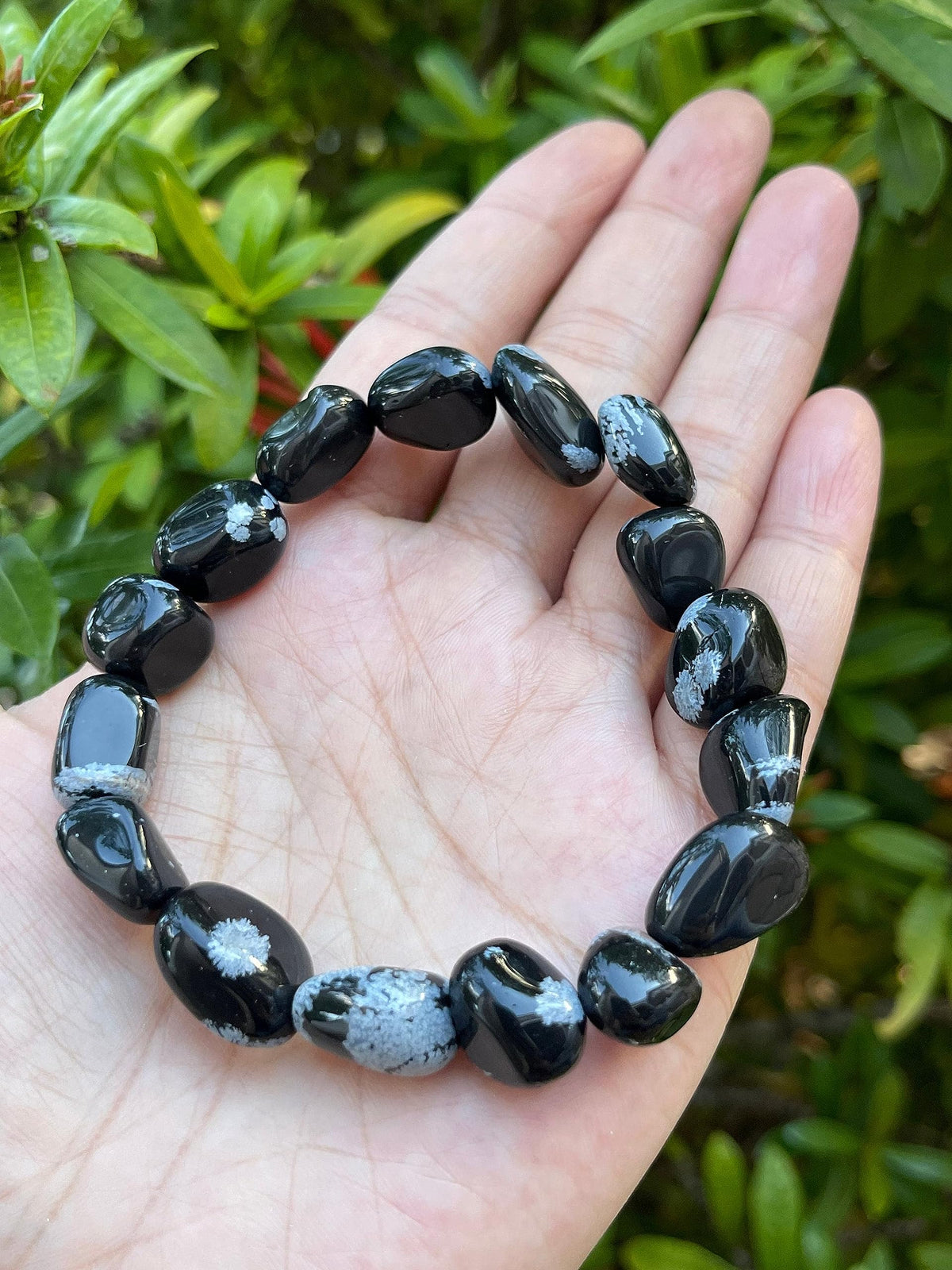 GAF TREASURES Snowflake Obsidian Crystal Nugget Bracelet, Genuine Snowflake Obsidian Tumbled Gemstone Bracelet, Healing Crystal Bracelet, Gift for Men & Women (1)